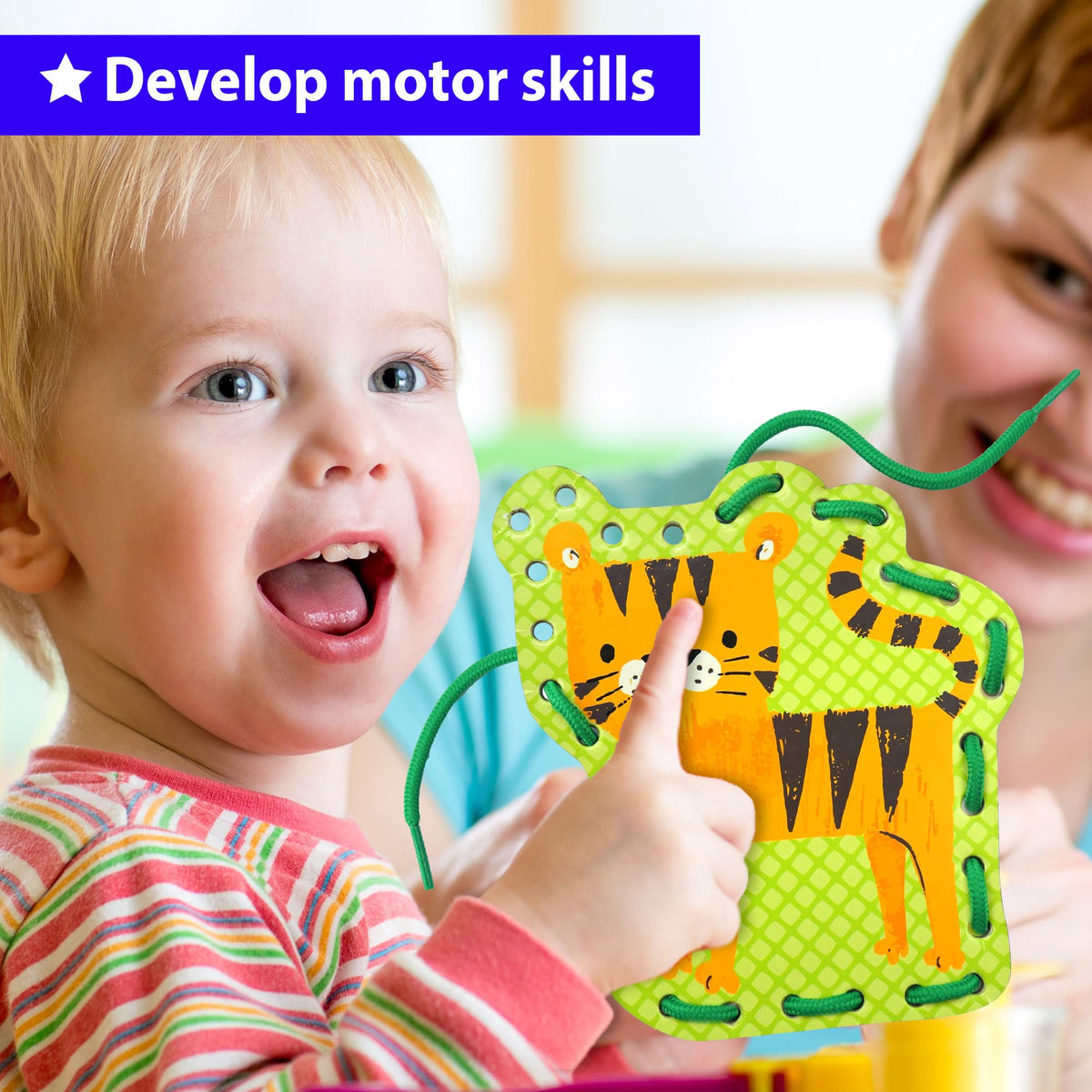 KRAFUN Beginner Preschool Lacing Card Kit – 5 Safari Animal Projects for Kids