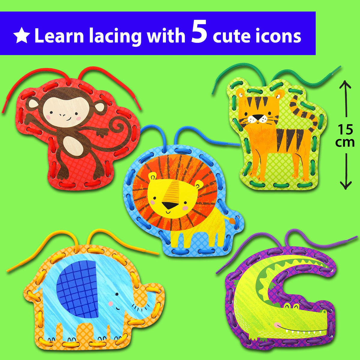 KRAFUN Beginner Preschool Lacing Card Kit – 5 Safari Animal Projects for Kids