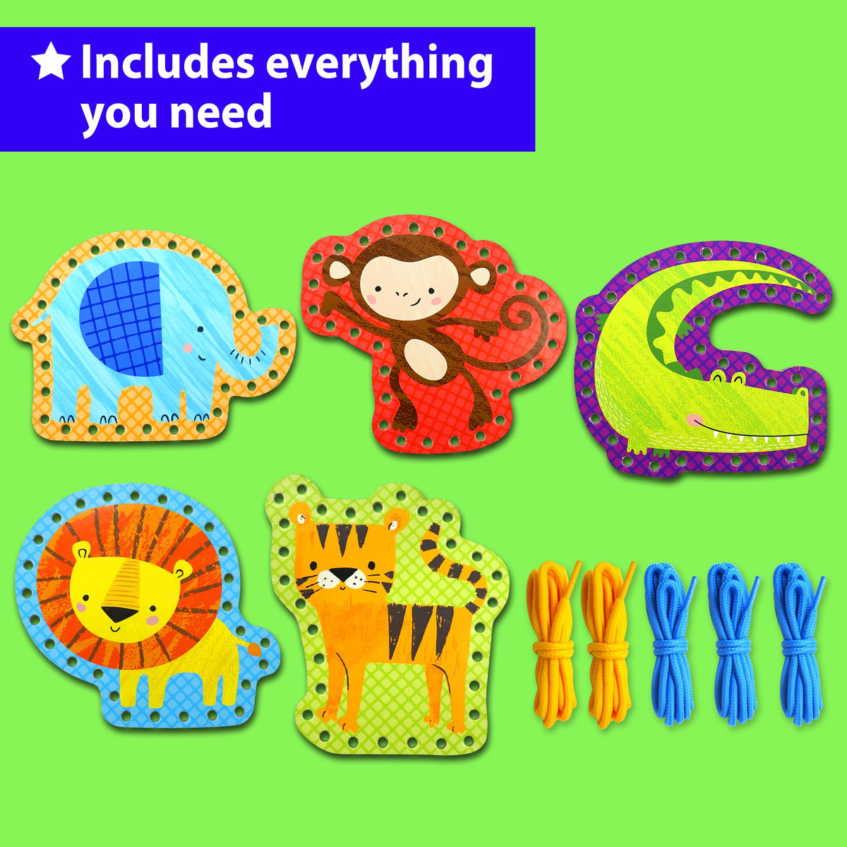 KRAFUN Beginner Preschool Lacing Card Kit – 5 Safari Animal Projects for Kids