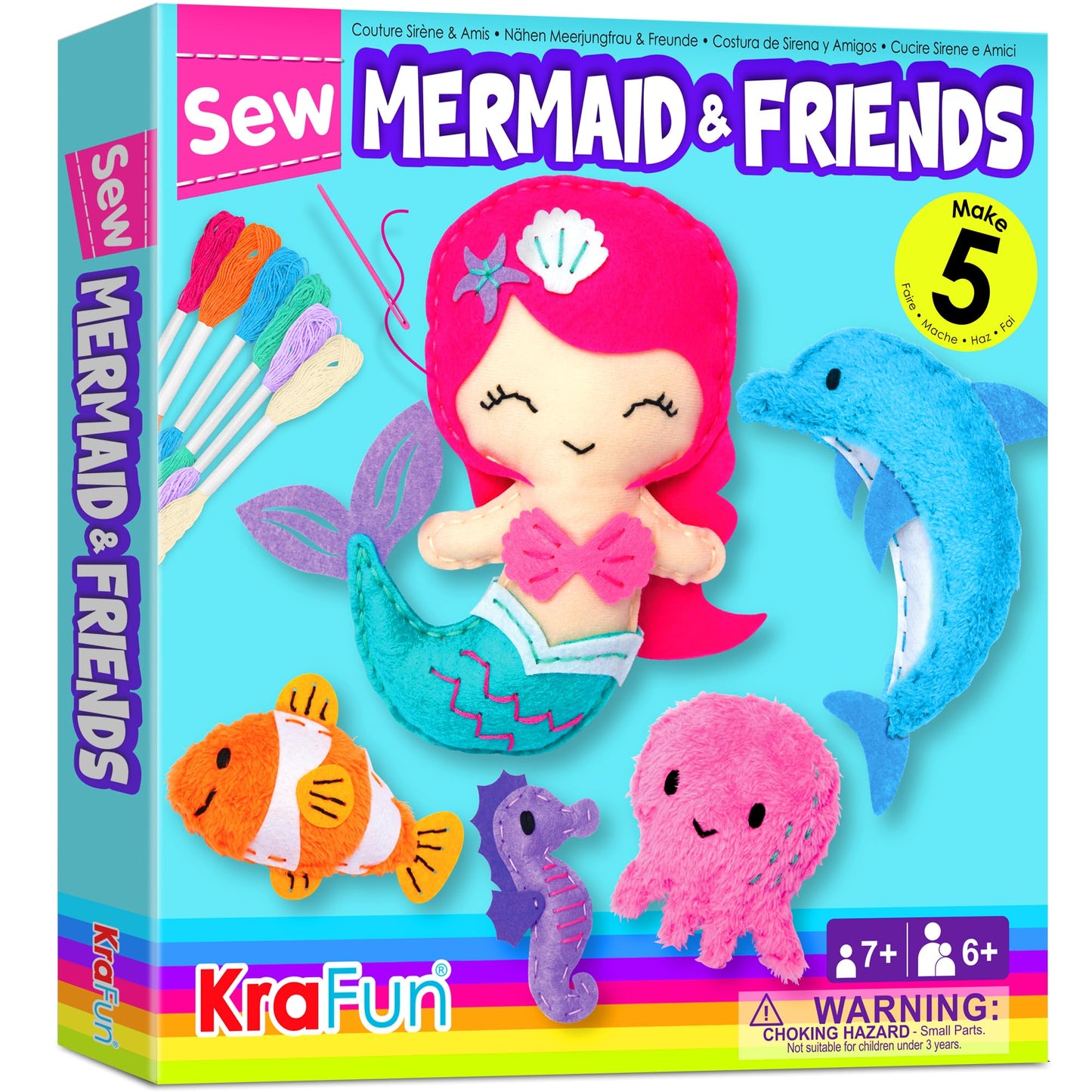 KRAFUN Mermaid Sea Animals Beginner Sewing Kit for Kids – 5 Plush Dolls