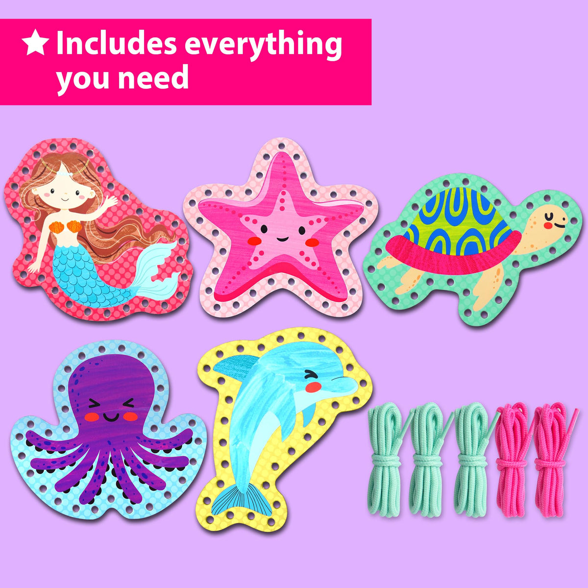 KRAFUN Beginner Mermaid Lacing Card Kit for Kids – 5 Easy Mermaid & Sea Animal Projects