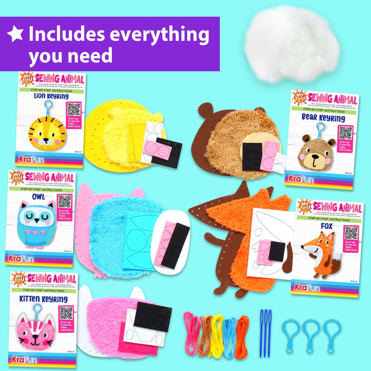 KRAFUN My First Sewing Animal Kit for Kids – 5 Easy Projects, Safe Materials, No-Mess Craft