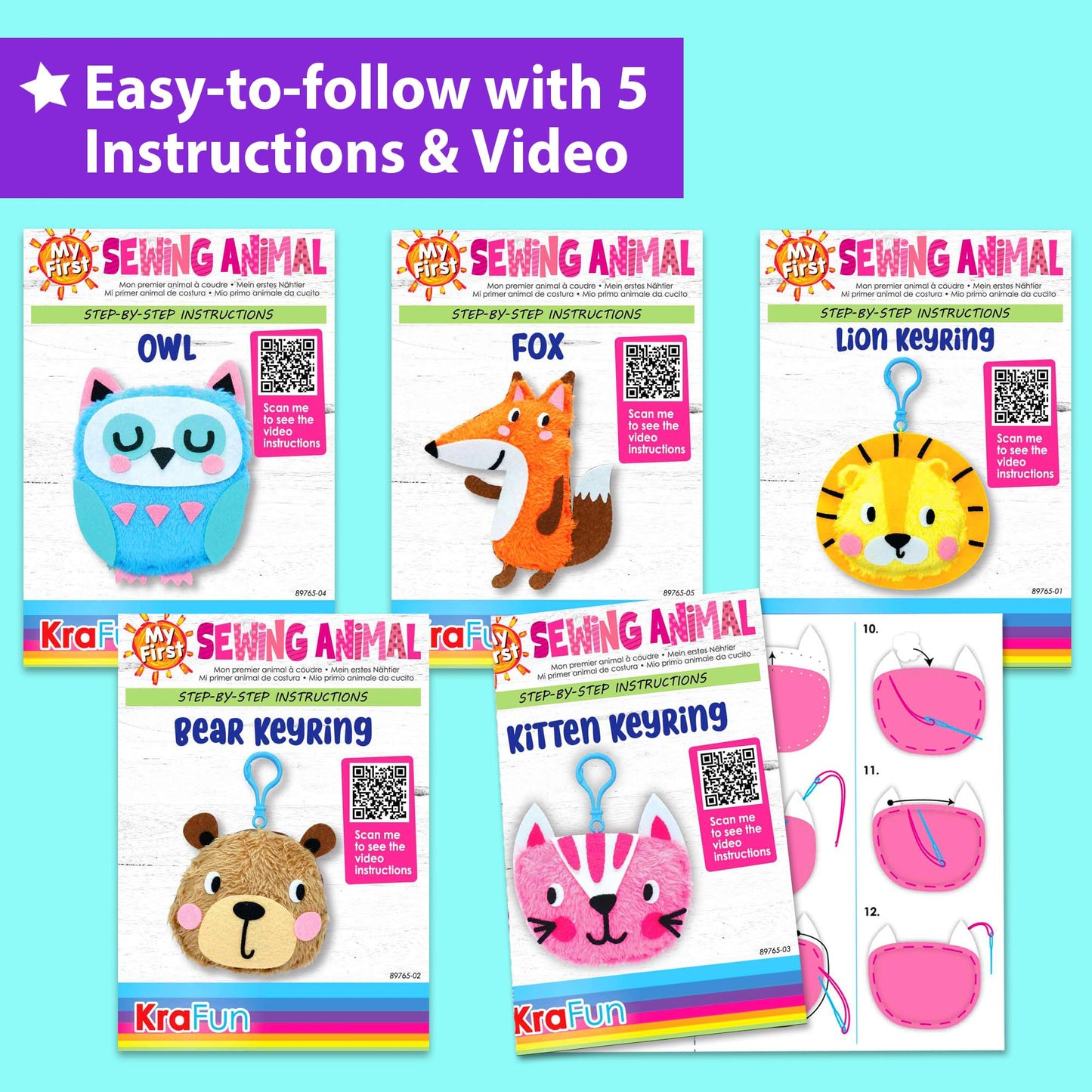 KRAFUN My First Sewing Animal Kit for Kids – 5 Easy Projects, Safe Materials, No-Mess Craft