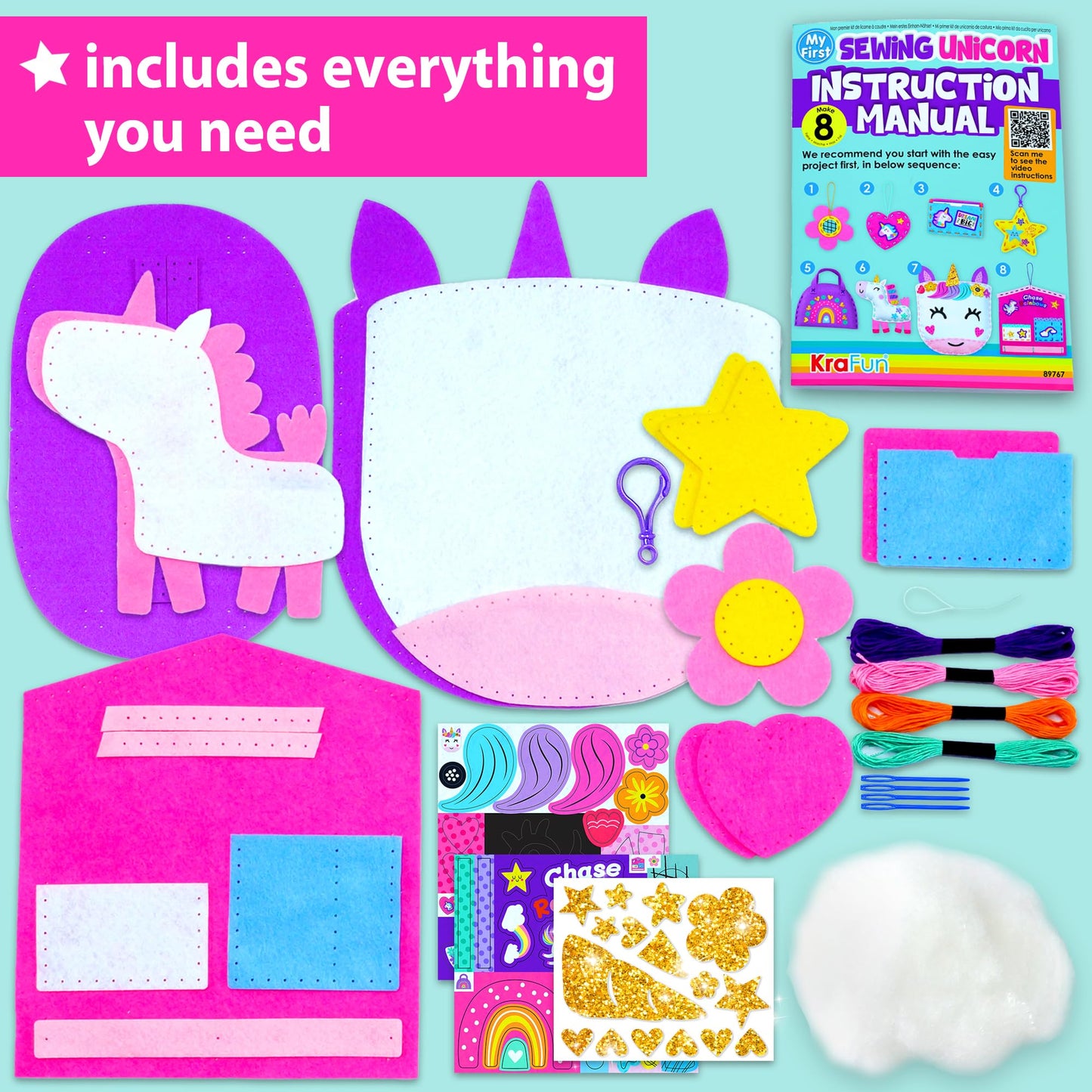KRAFUN My First Unicorn Kids Sewing Kit — 8 Beginner Projects for Ages 5+
