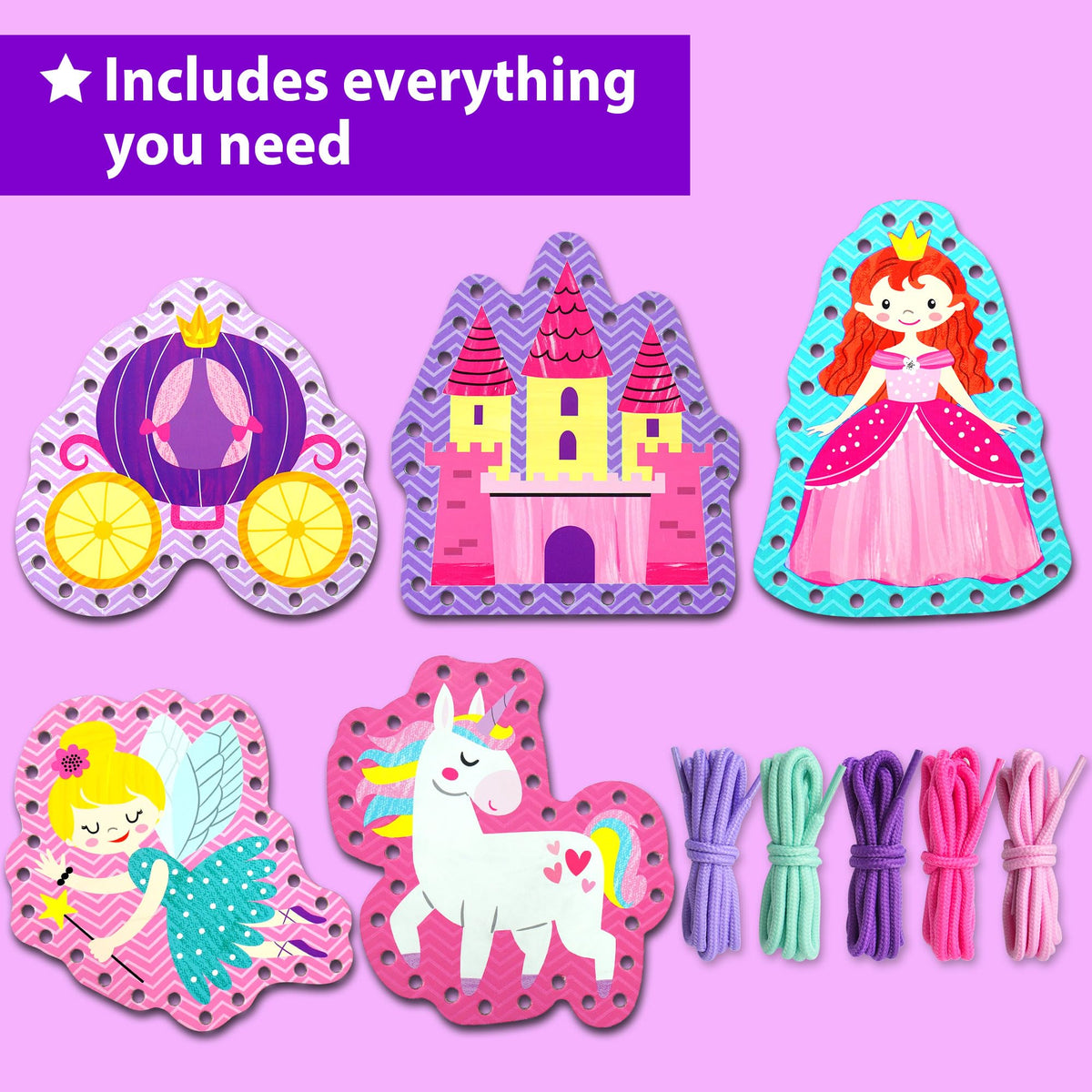 KRAFUN Beginner Unicorn Lacing Card Kit for Kids – 5 Easy Princess Projects