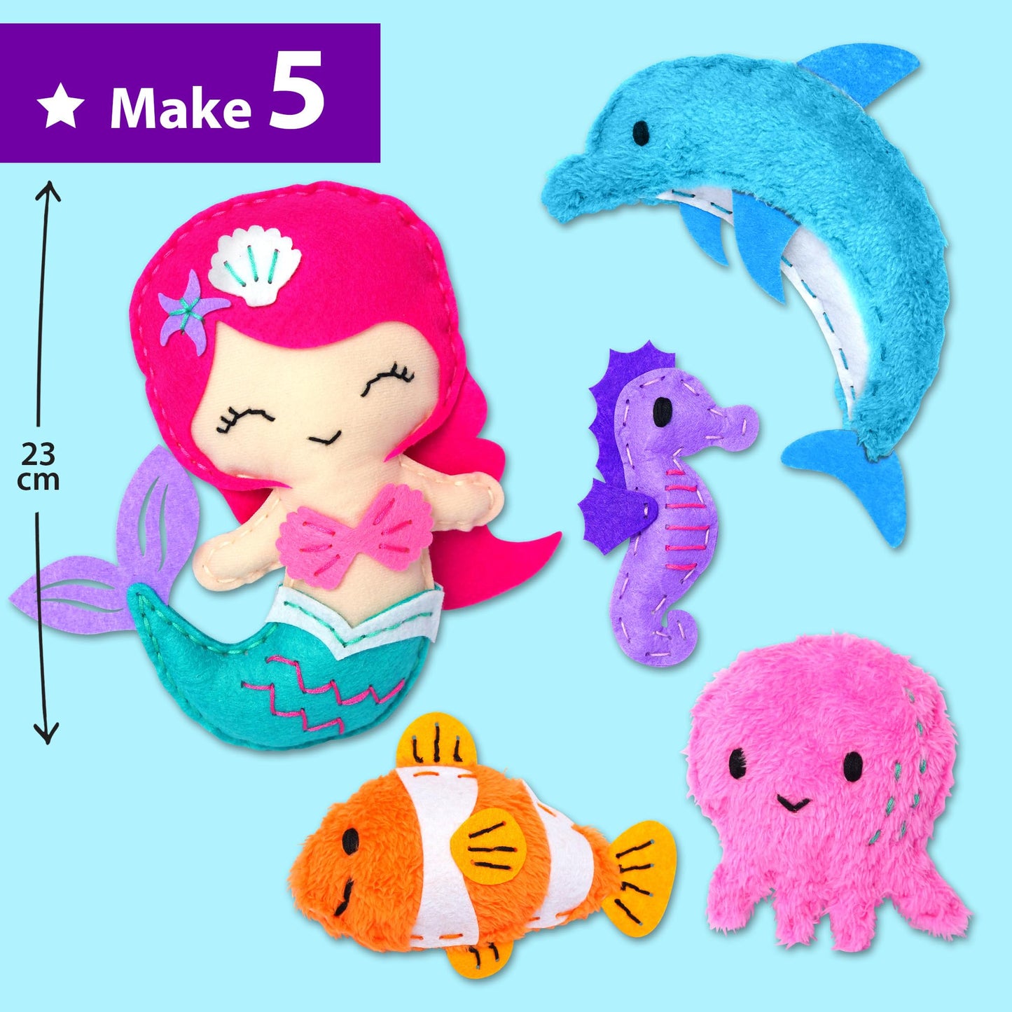KRAFUN Mermaid Sea Animals Beginner Sewing Kit for Kids – 5 Plush Dolls