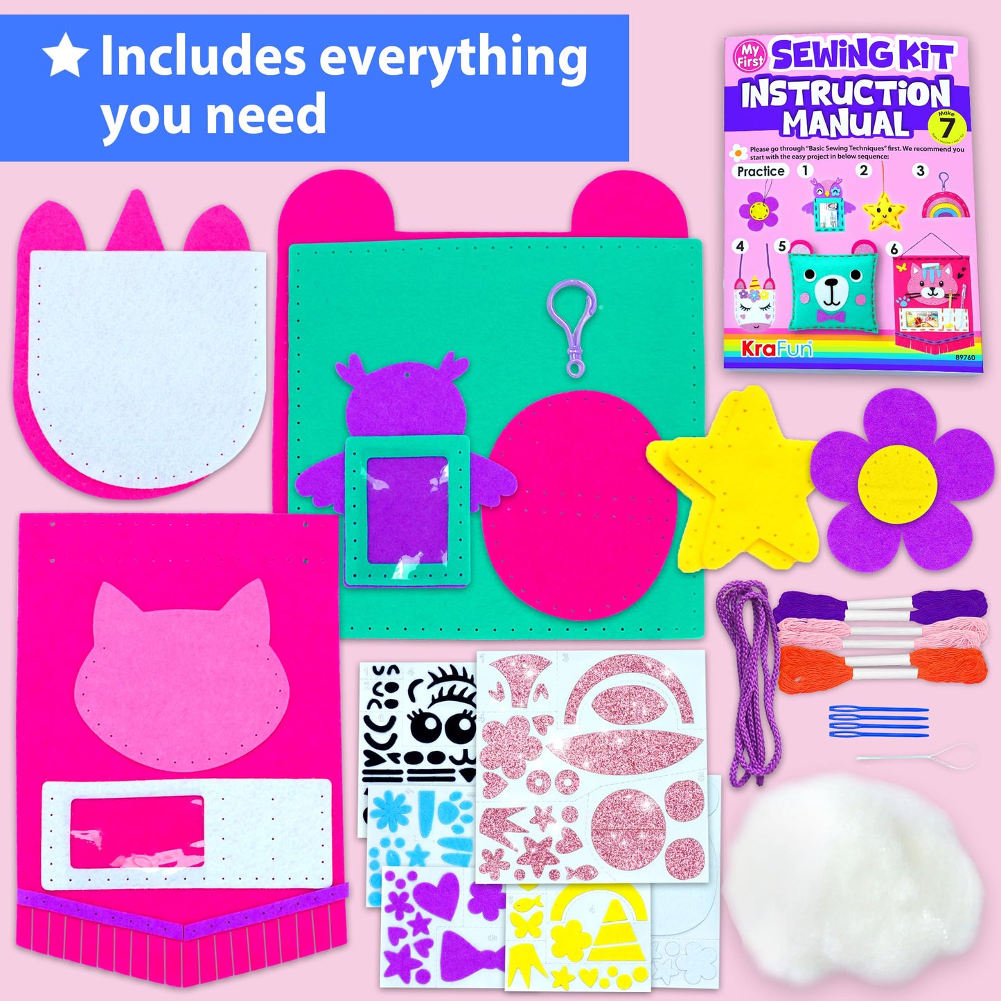 KRAFUN My First Sewing Kit for Kids - 7 Easy Plush Projects & Felt Crafts