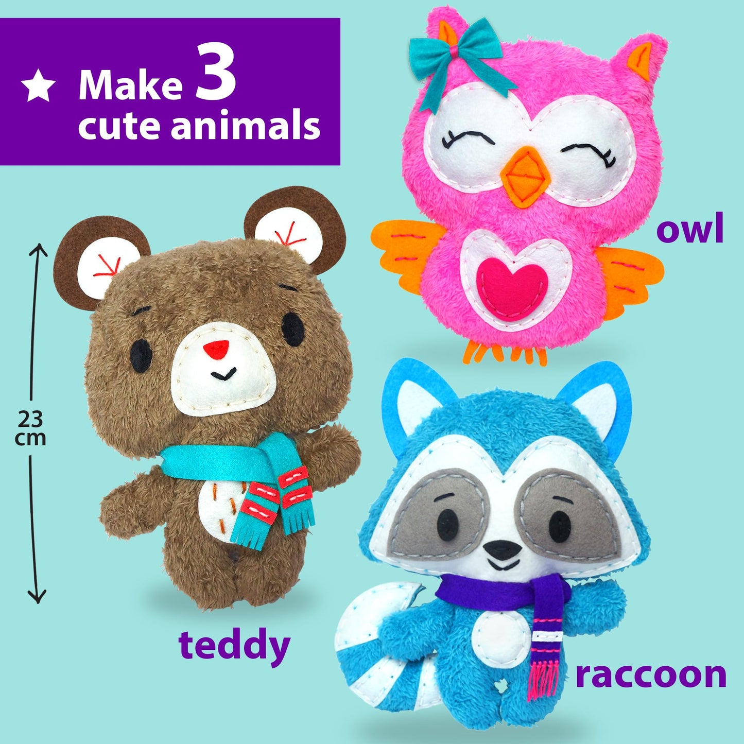 KRAFUN Sewing Kit for Kids – 3-in-1 Teddy, Raccoon & Owl Beginner Sewing Kit