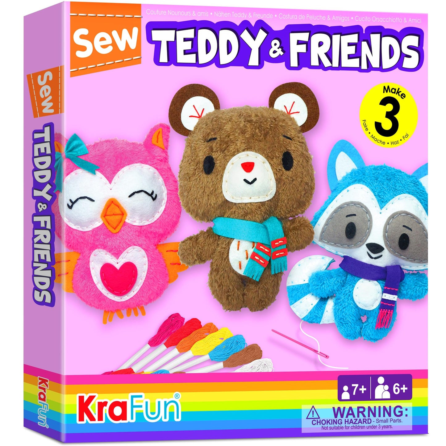 KRAFUN Sewing Kit for Kids – 3-in-1 Teddy, Raccoon & Owl Beginner Sewing Kit