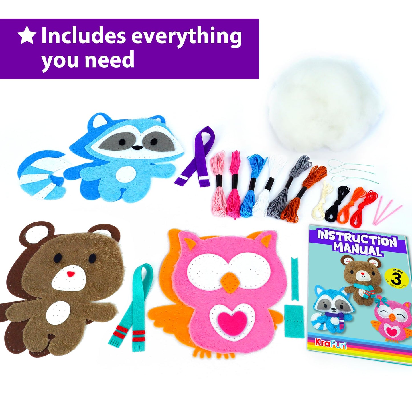 KRAFUN Sewing Kit for Kids – 3-in-1 Teddy, Raccoon & Owl Beginner Sewing Kit