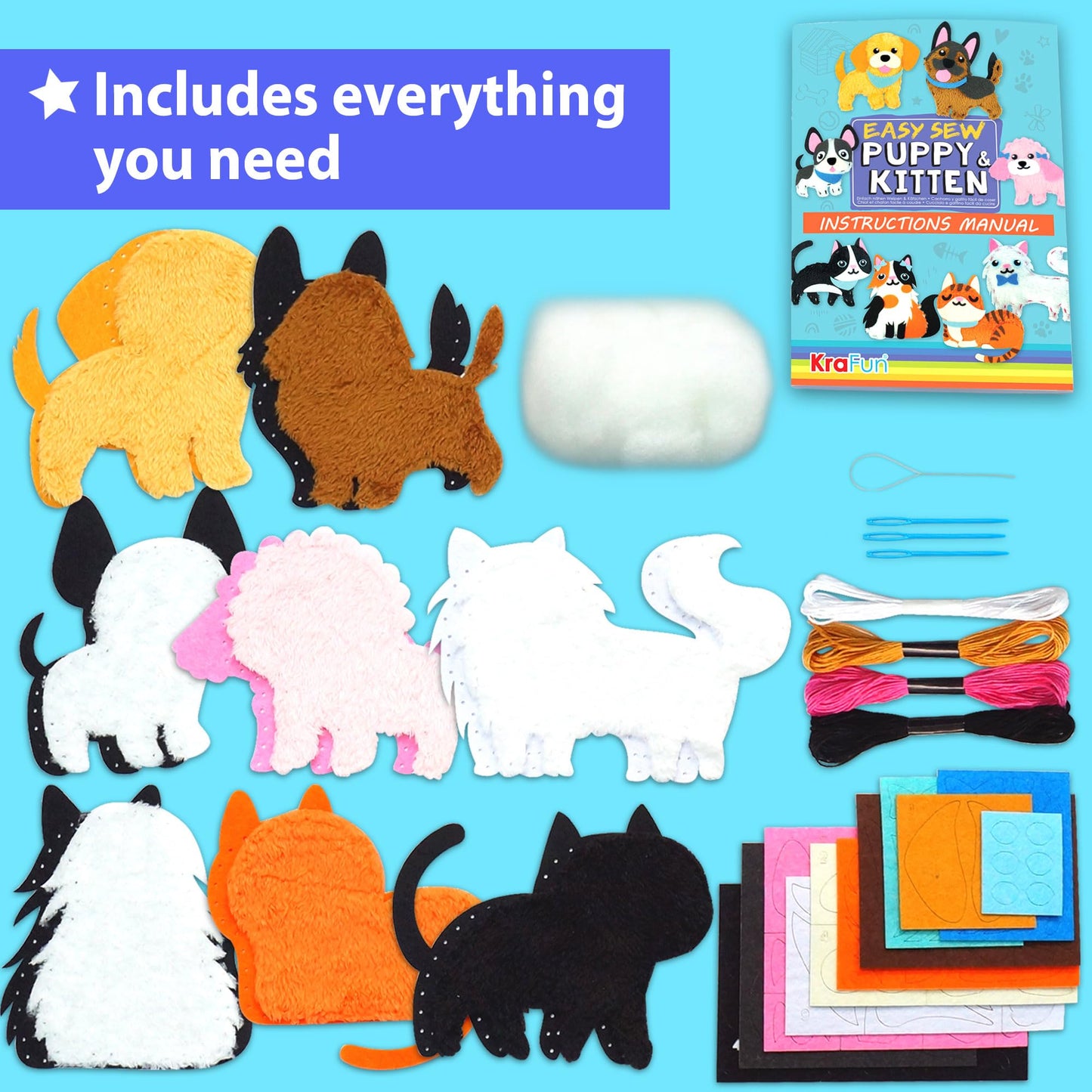 KRAFUN Easy Sewing Kit for Beginners – 8 Plush Dog & Cat Projects for Kids