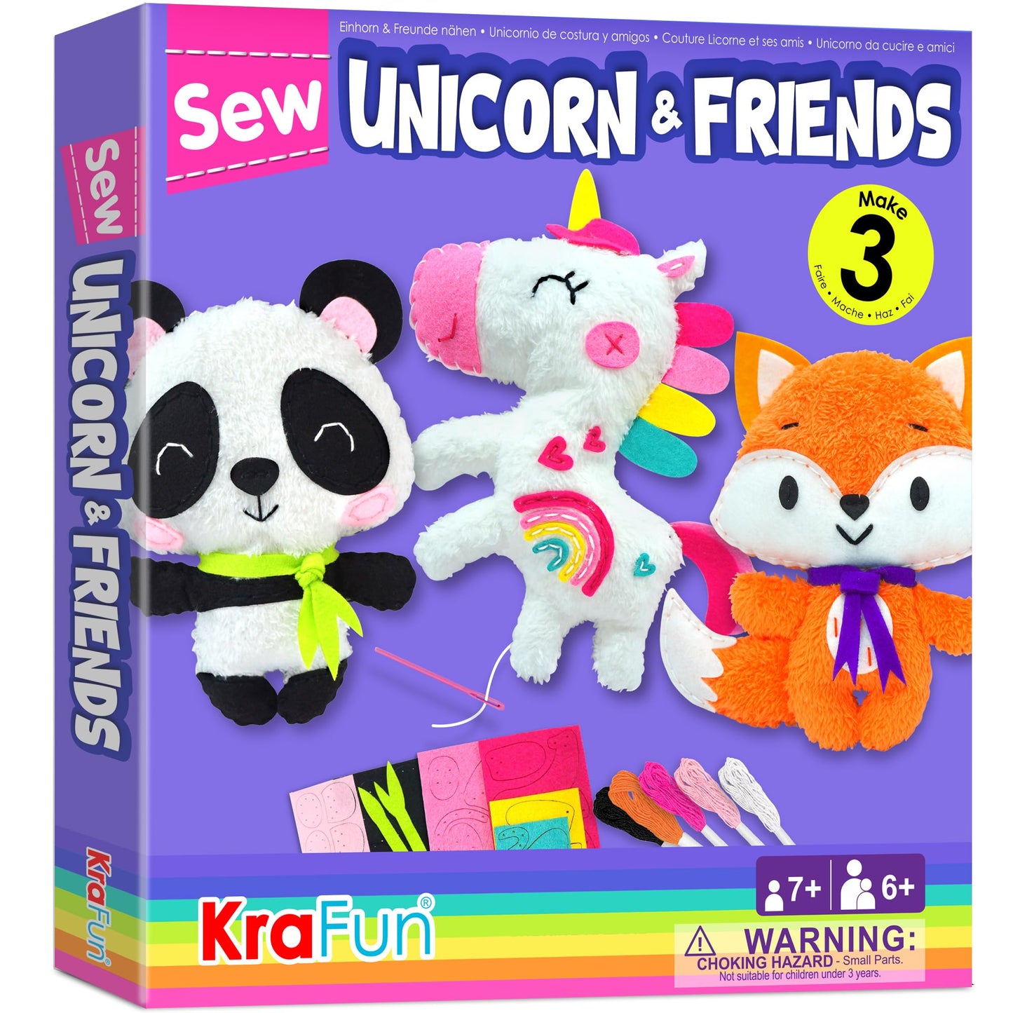 KRAFUN Unicorn Beginner Sewing Kit for Kids 7–13 – 3 Dolls, Safe Tools, Easy Instructions