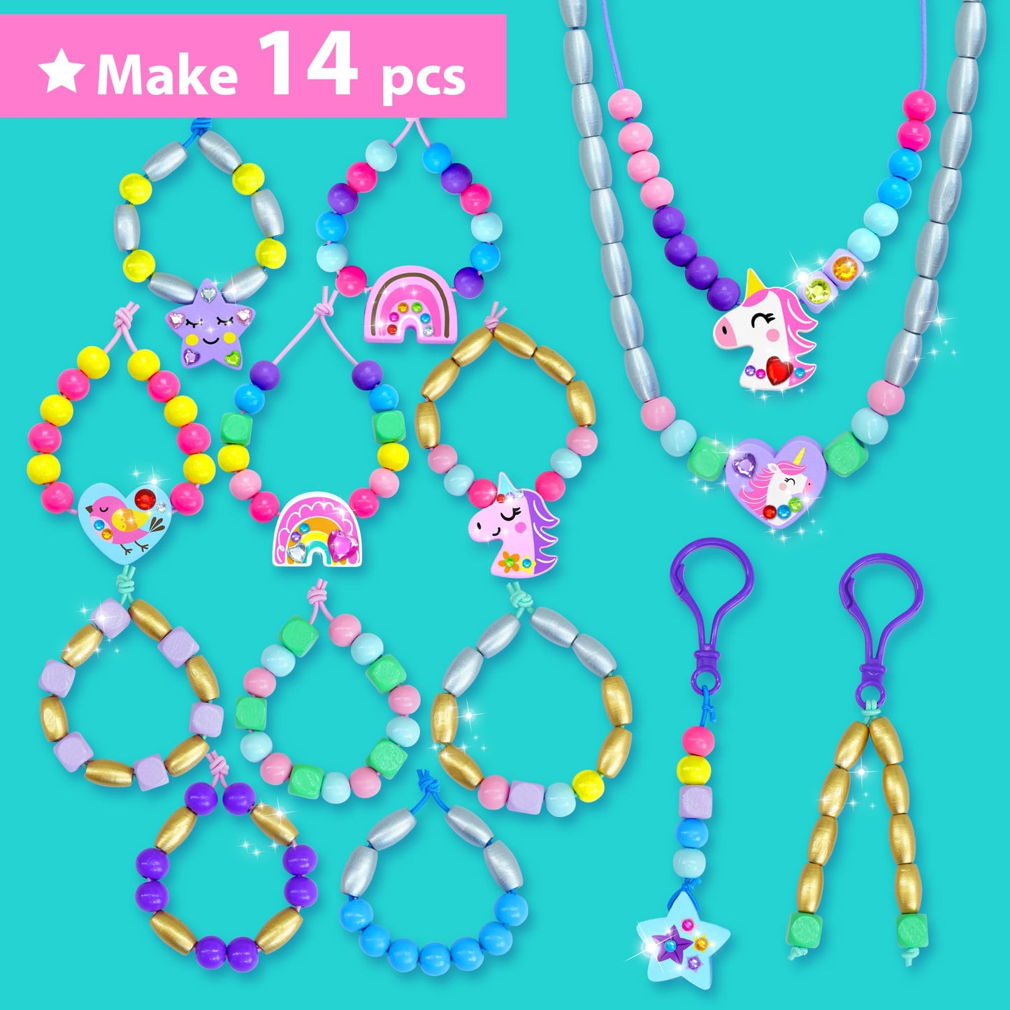 KRAFUN Unicorn Bracelet Kit for Girls – 14 Jewelry Projects with Beads, Charms & Threads