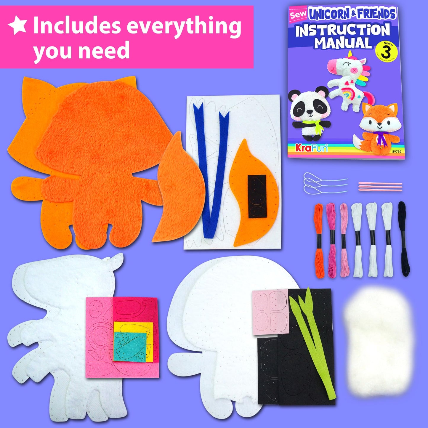 KRAFUN Unicorn Beginner Sewing Kit for Kids 7–13 – 3 Dolls, Safe Tools, Easy Instructions