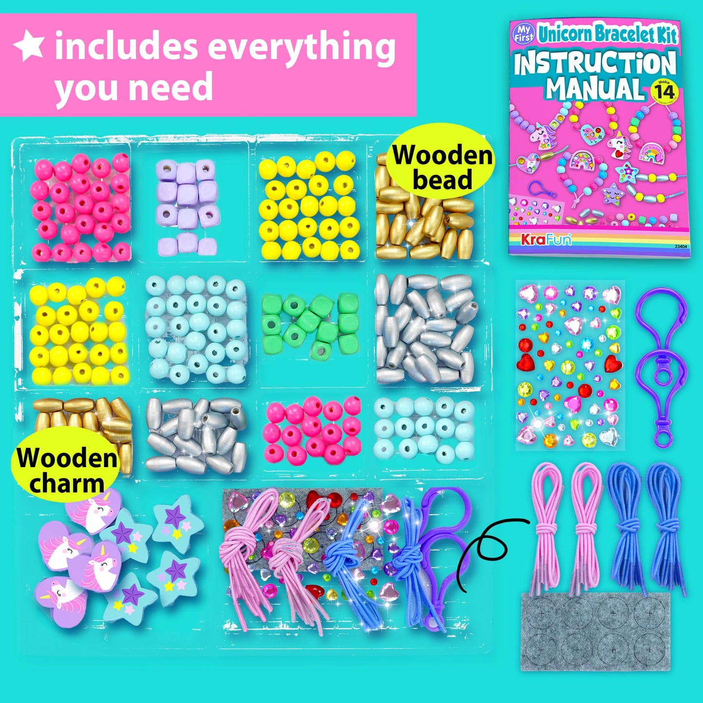 KRAFUN Unicorn Bracelet Kit for Girls – 14 Jewelry Projects with Beads, Charms & Threads