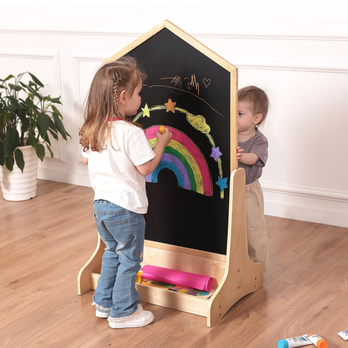 KRAND House Design Double-Sided Magnetic Drawing Board — Extra Large Wall-Mount Easel for Kids
