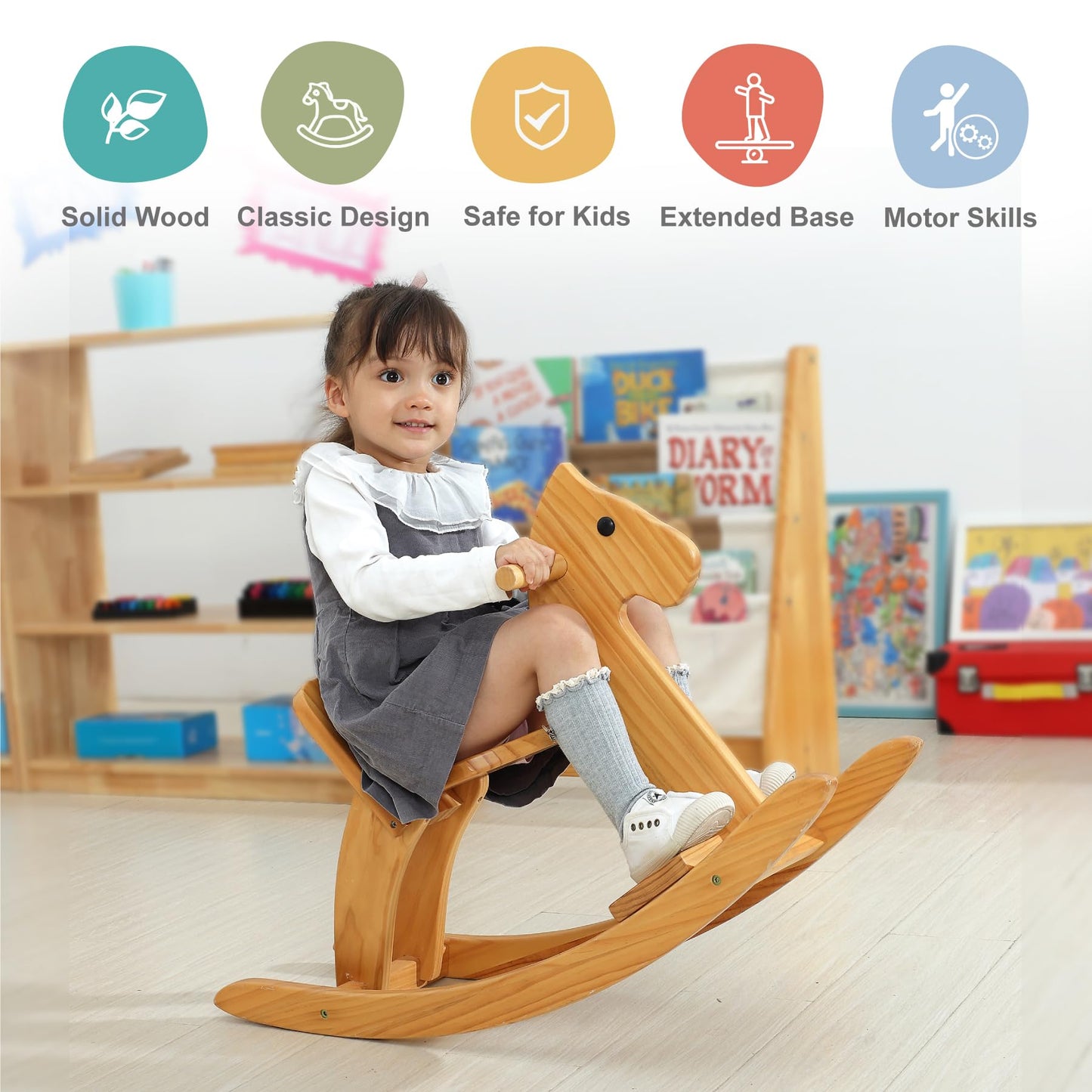 KRAND Rocking Horse – Classic Wooden Ride-On Toy in Natural Pine with Pedal & Safe Backrest