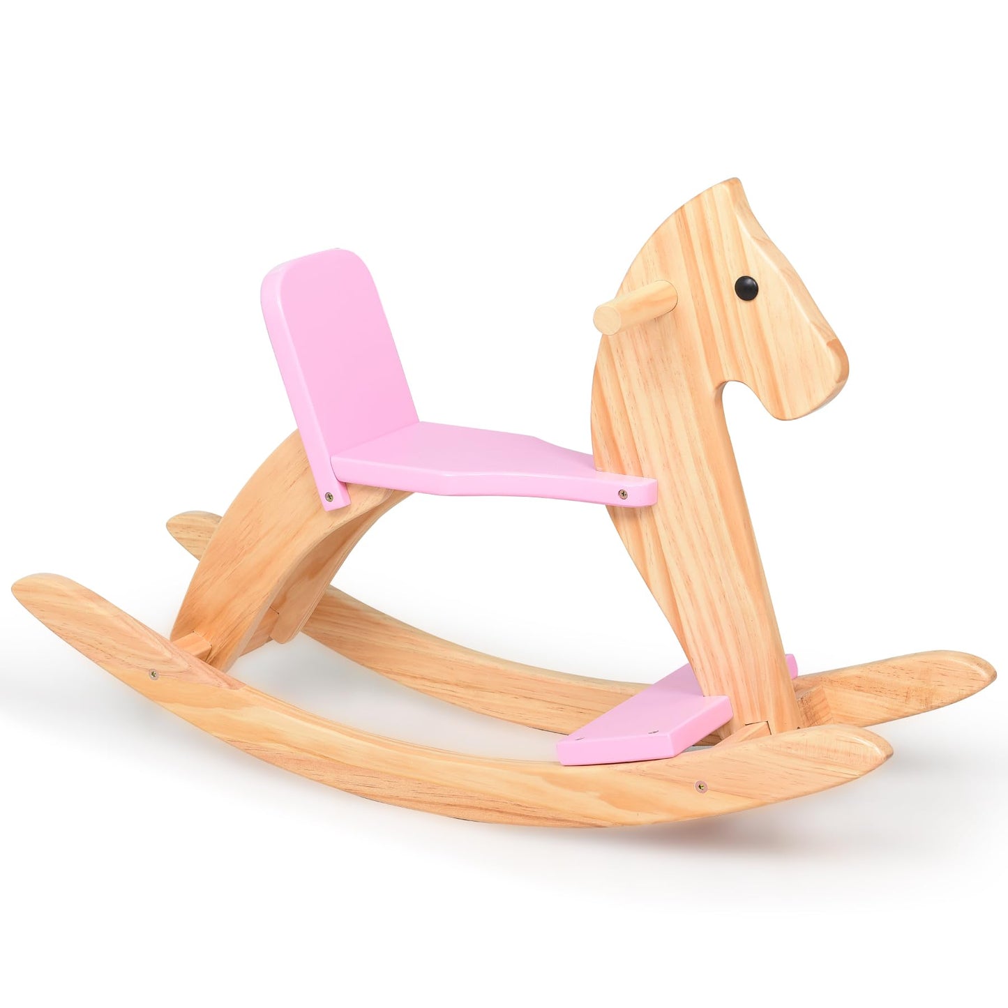 KRAND Wooden Rocking Horse – Pink Toddler Ride On Toy with Pedal & Safe Backrest