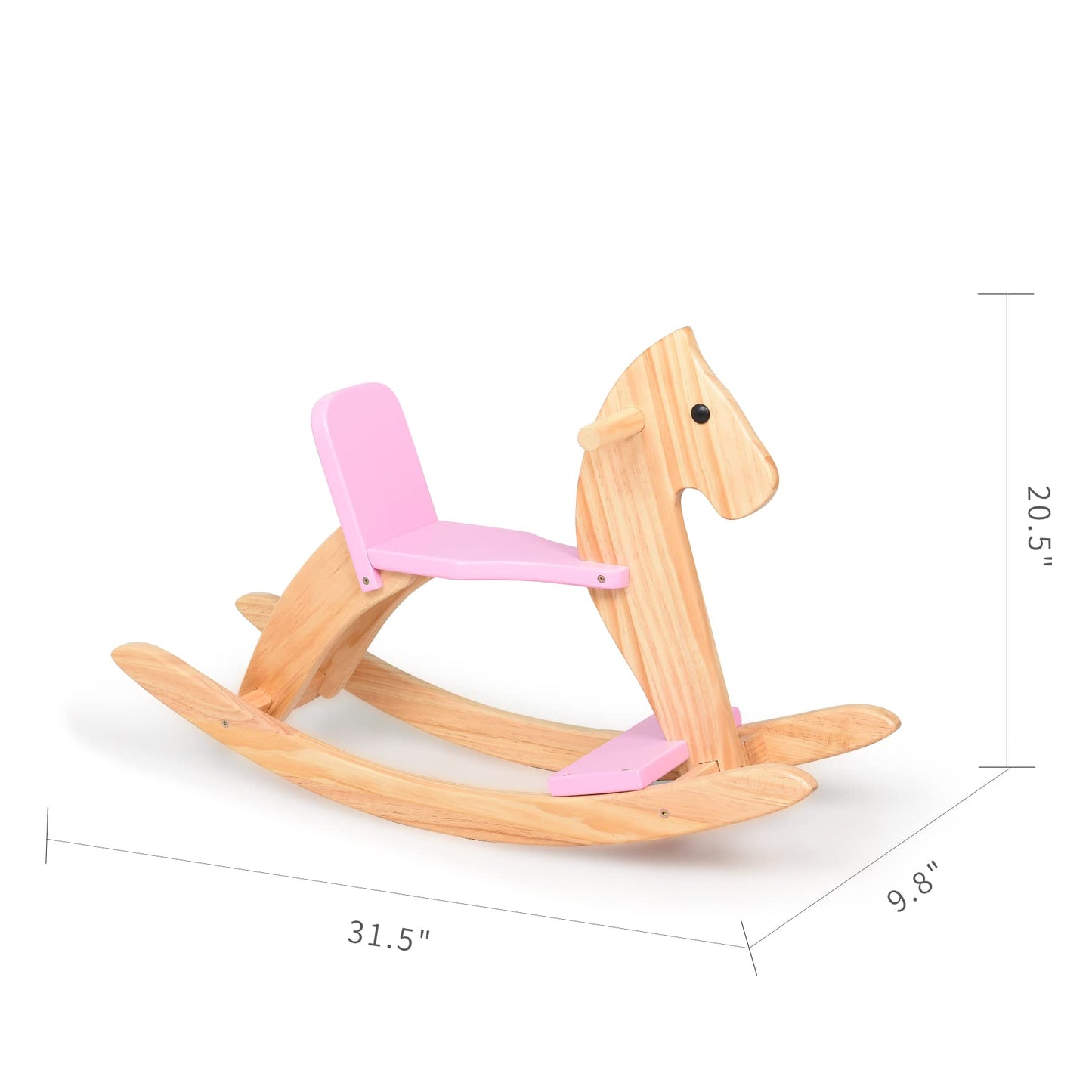 KRAND Wooden Rocking Horse – Pink Toddler Ride On Toy with Pedal & Safe Backrest
