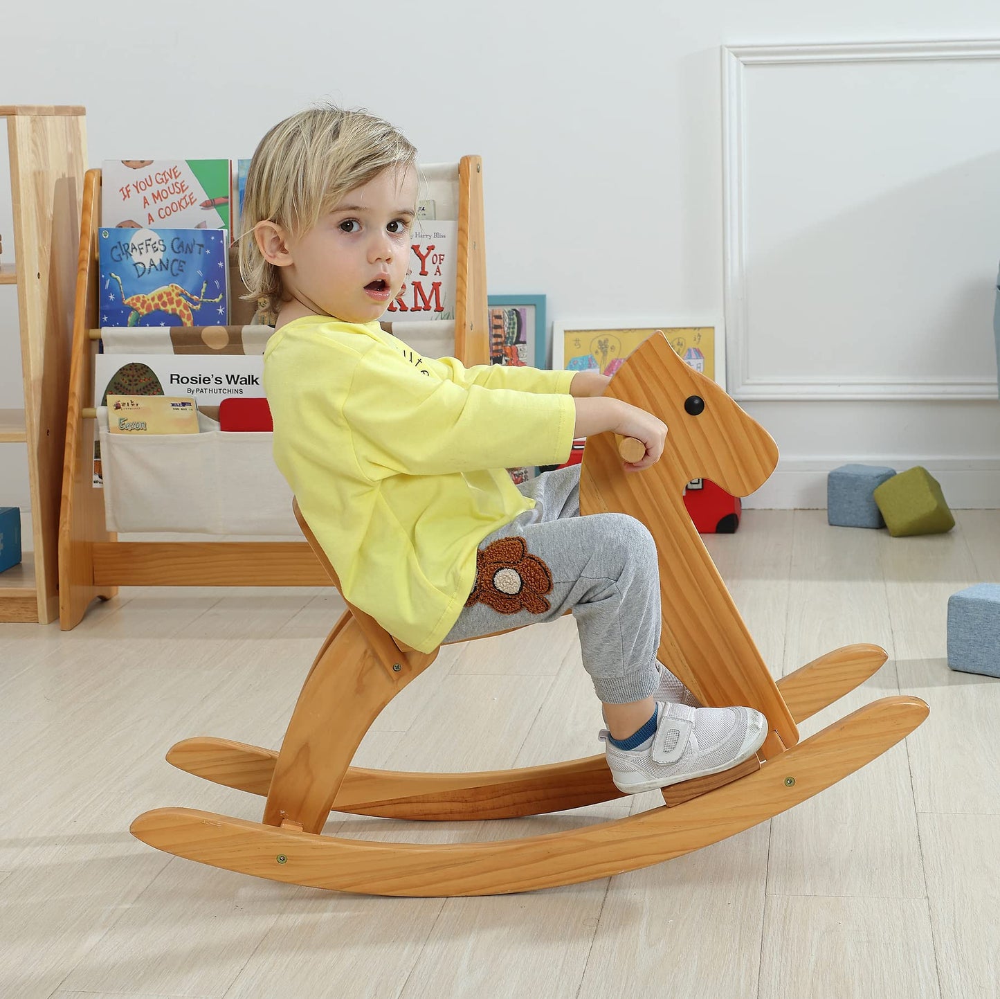 KRAND Wooden Rocking Horse – Pink Toddler Ride On Toy with Pedal & Safe Backrest