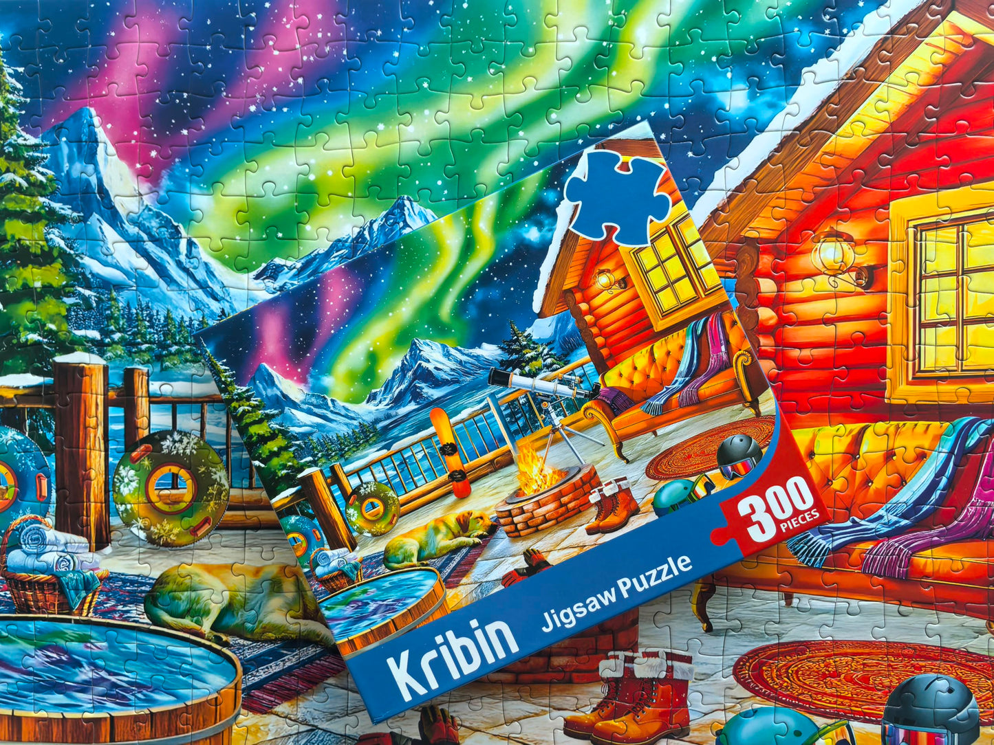 Kribin 300 Piece Puzzle – Northern Lights Lounge Cabin | Large Piece Jigsaw for All Ages