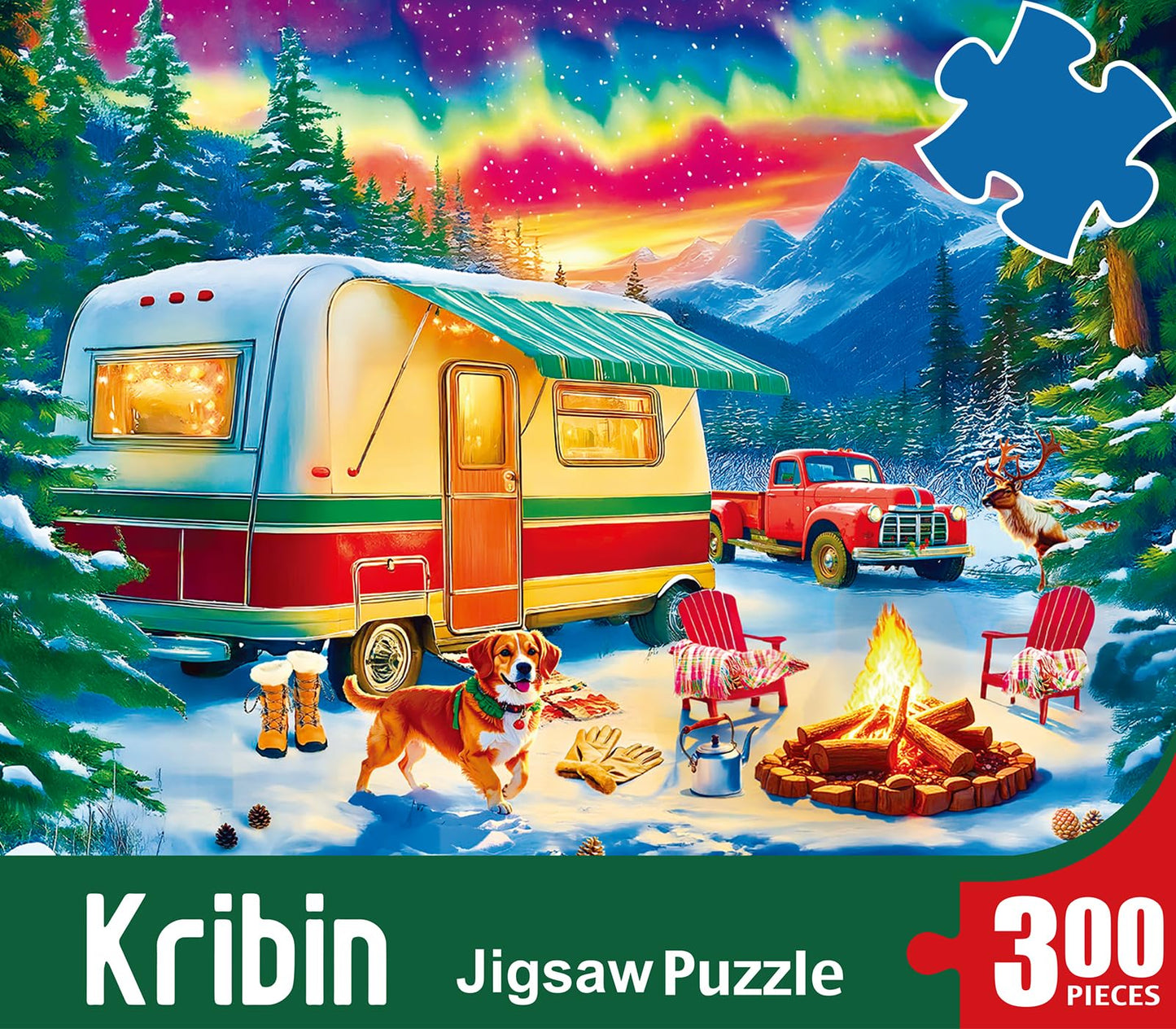 Kribin 300-Piece Jigsaw Puzzle – Northern Lights Forest RV
