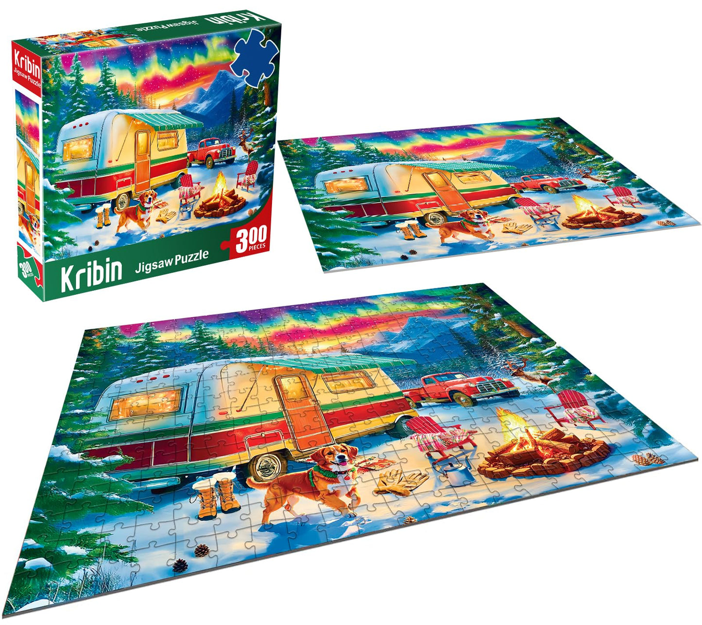 Kribin 300-Piece Jigsaw Puzzle – Northern Lights Forest RV