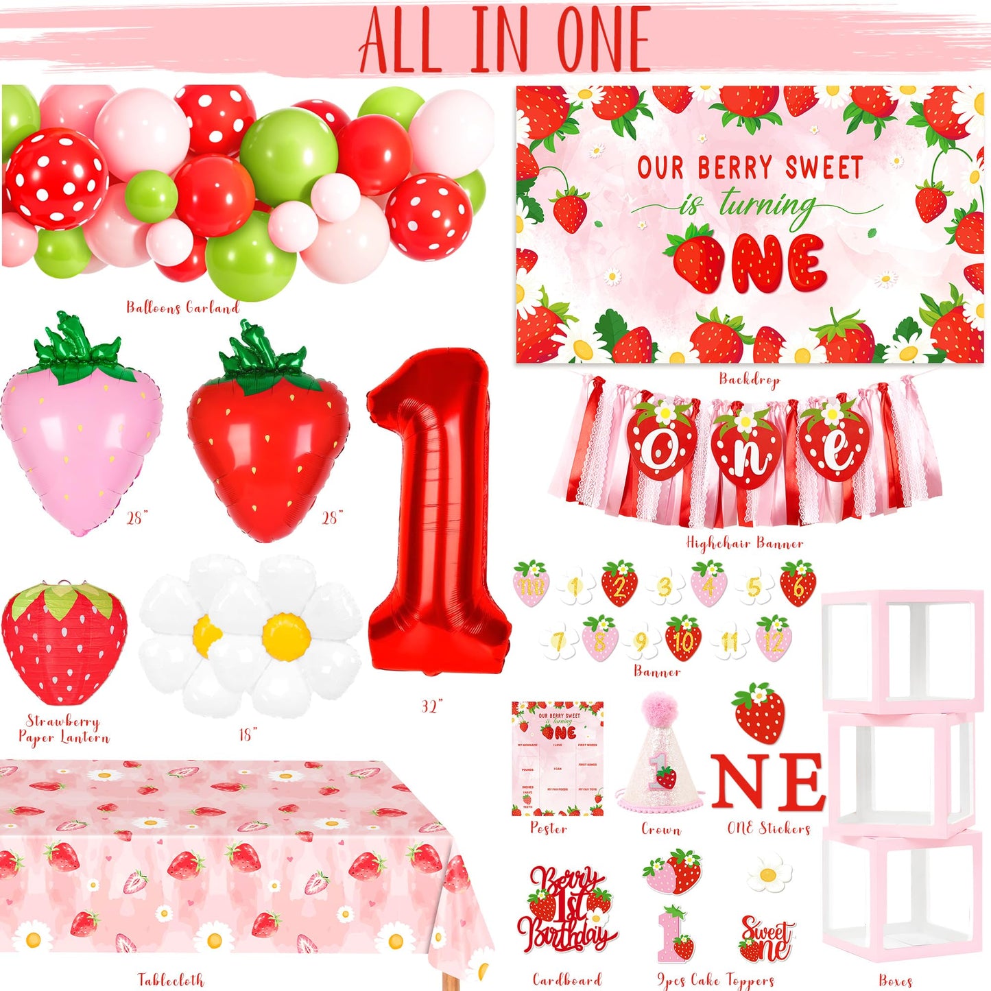 Kriyokiaa Berry First Birthday Decor – Strawberry Theme Party Set for Girls