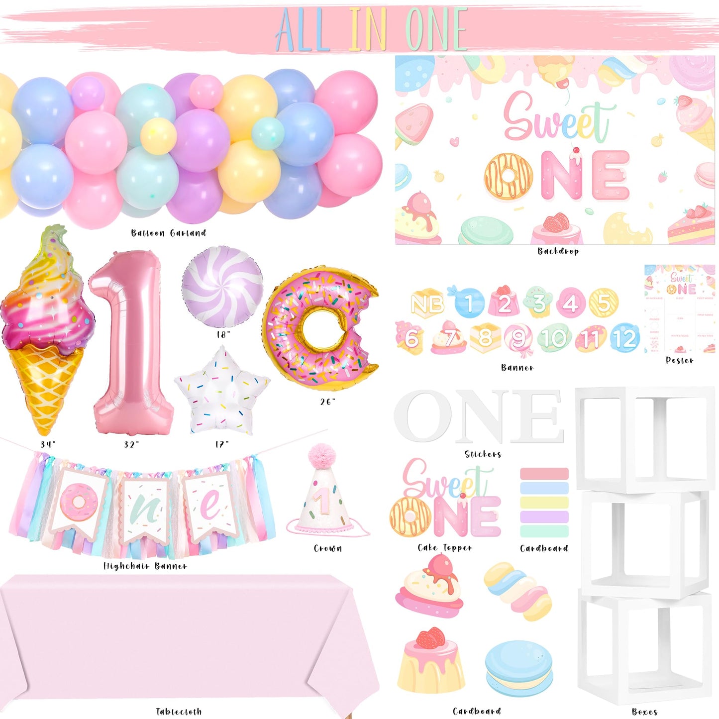 Kriyokiaa Sweet One Birthday Decorations Kit for Girls – 150 Pcs Party Set