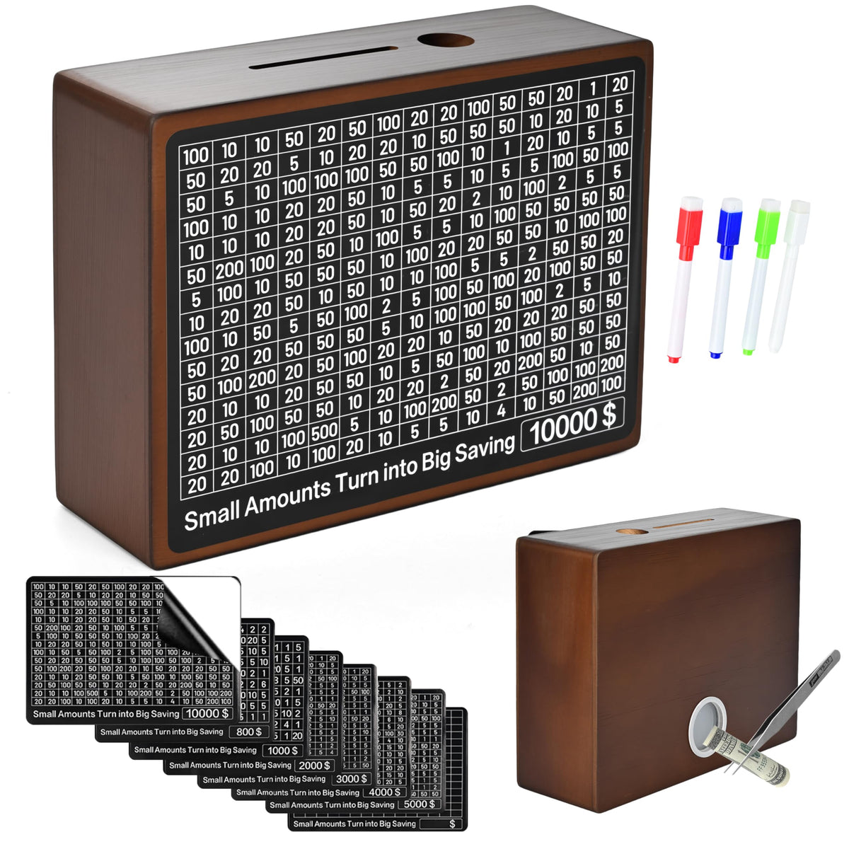 krlladetiy 10000 Savings Challenge Box – Wooden Money Saving Bank for All Ages