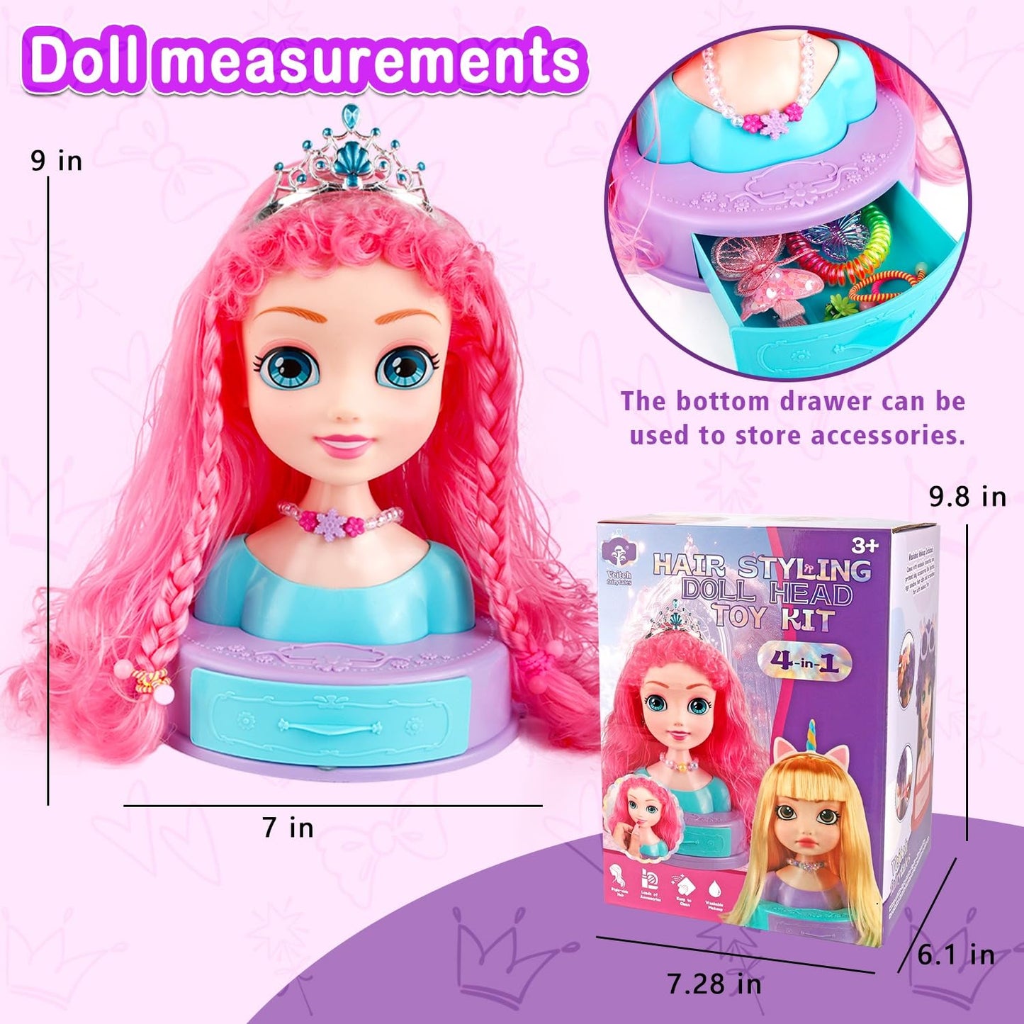 Kryonixty 4-in-1 Doll Head for Hair Styling – 41-Piece Kids Salon Kit (Ages 3–8)