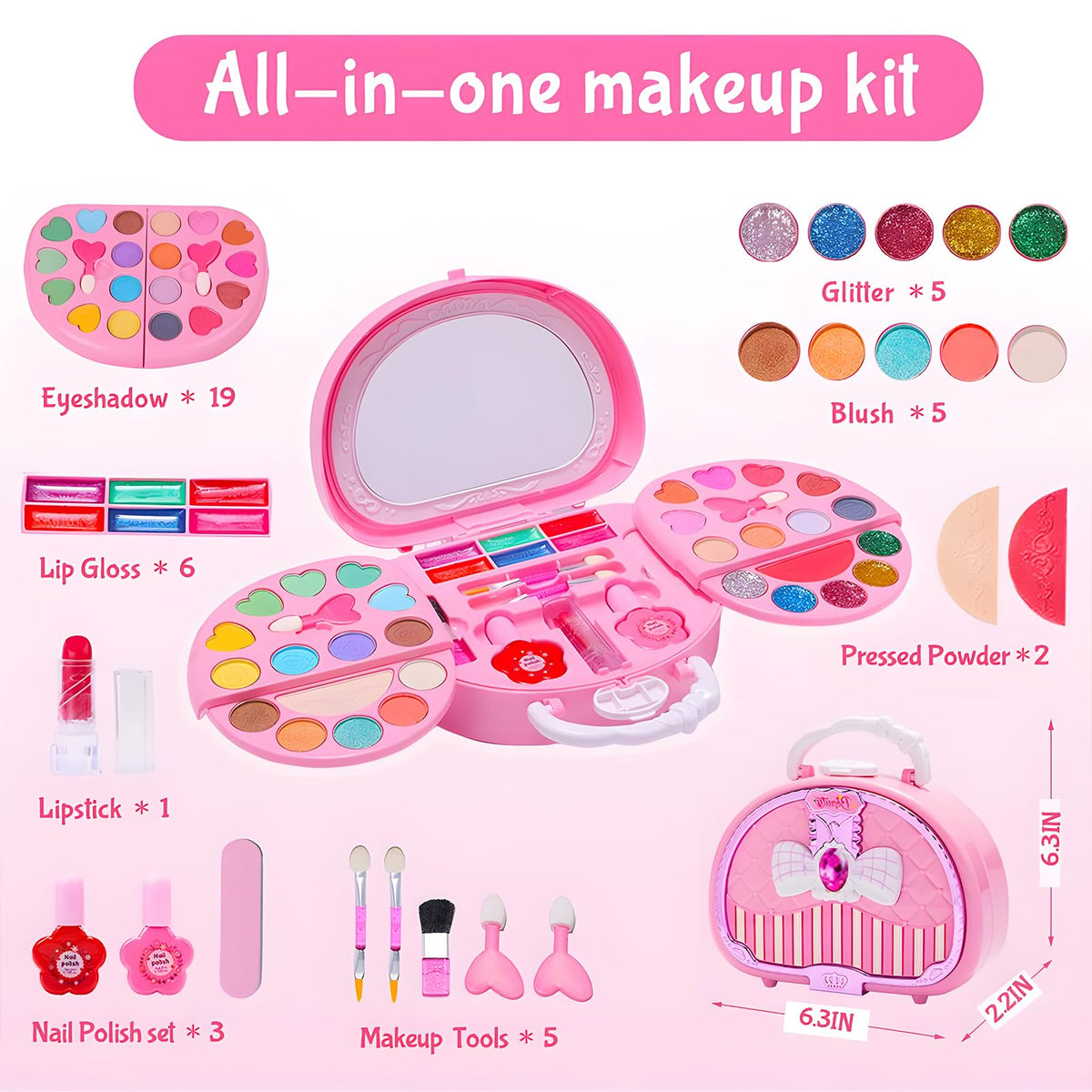 Kryonixty Kids Makeup Kit — Real Washable, Safe Pretend Makeup Set with Mirror