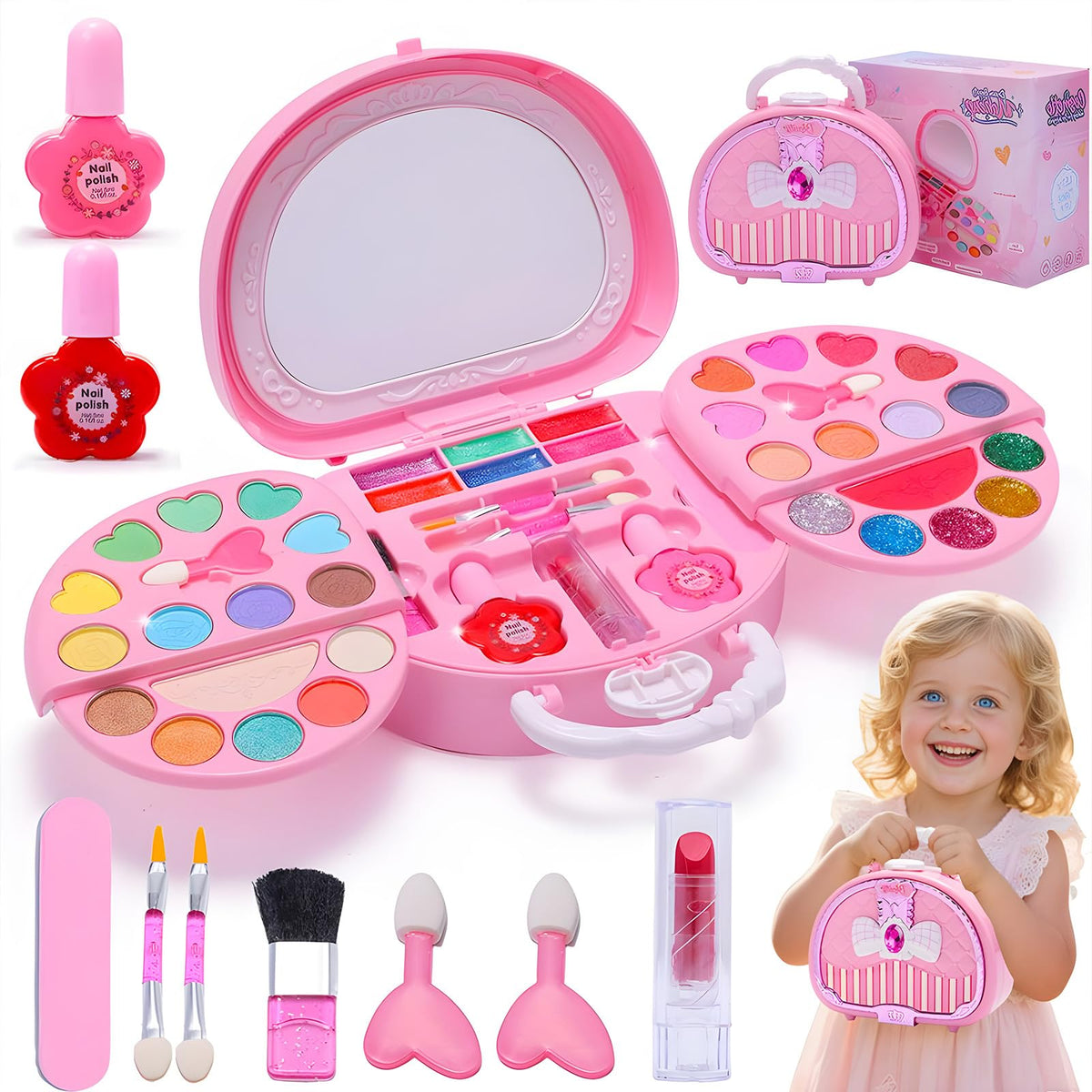 Kryonixty Kids Makeup Kit — Real Washable, Safe Pretend Makeup Set with Mirror