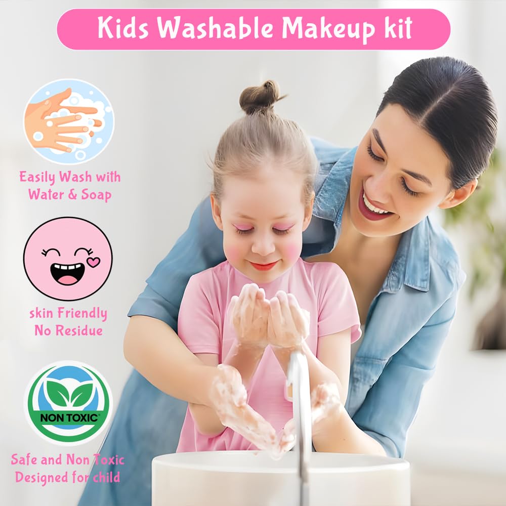 Kryonixty Kids Makeup Kit — Real Washable, Safe Pretend Makeup Set with Mirror