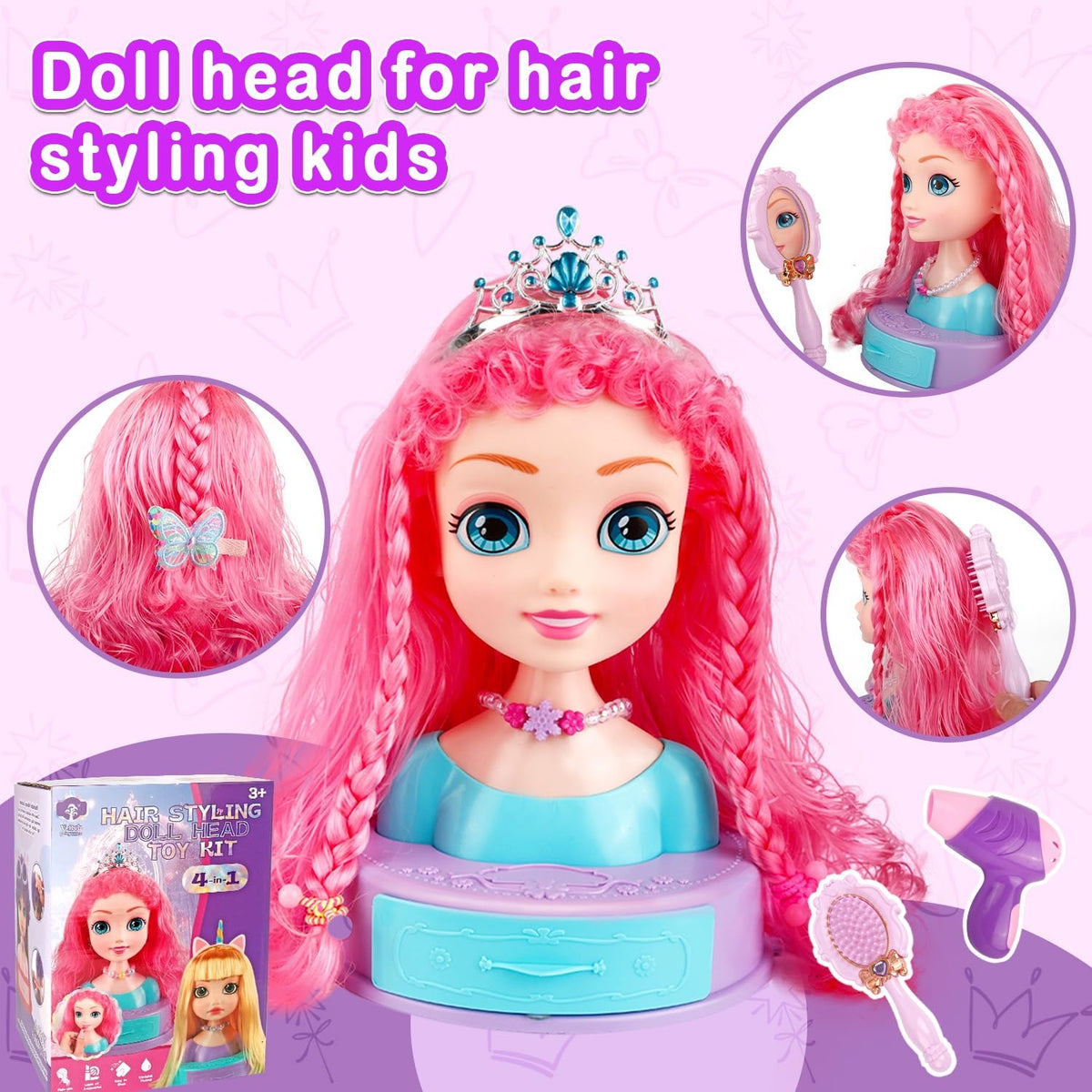 Kryonixty 4-in-1 Doll Head for Hair Styling – 41-Piece Kids Salon Kit (Ages 3–8)
