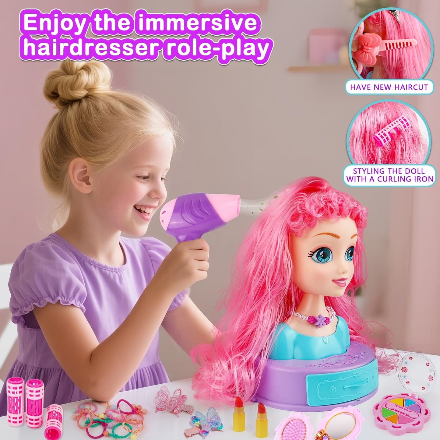 Kryonixty 4-in-1 Doll Head for Hair Styling – 41-Piece Kids Salon Kit (Ages 3–8)