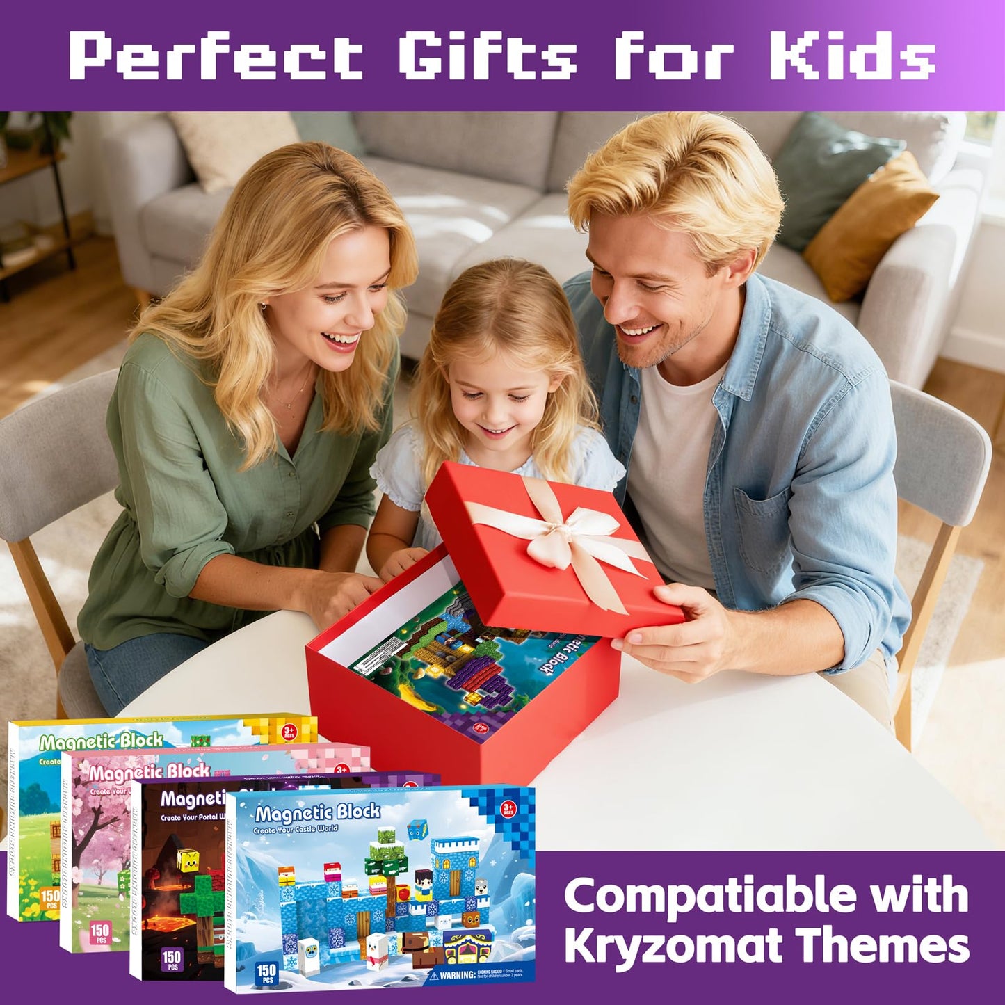 Kryzomat 150PCS Magnetic Blocks with Light-Up Cubes – STEM Building Toy for Kids 3-12