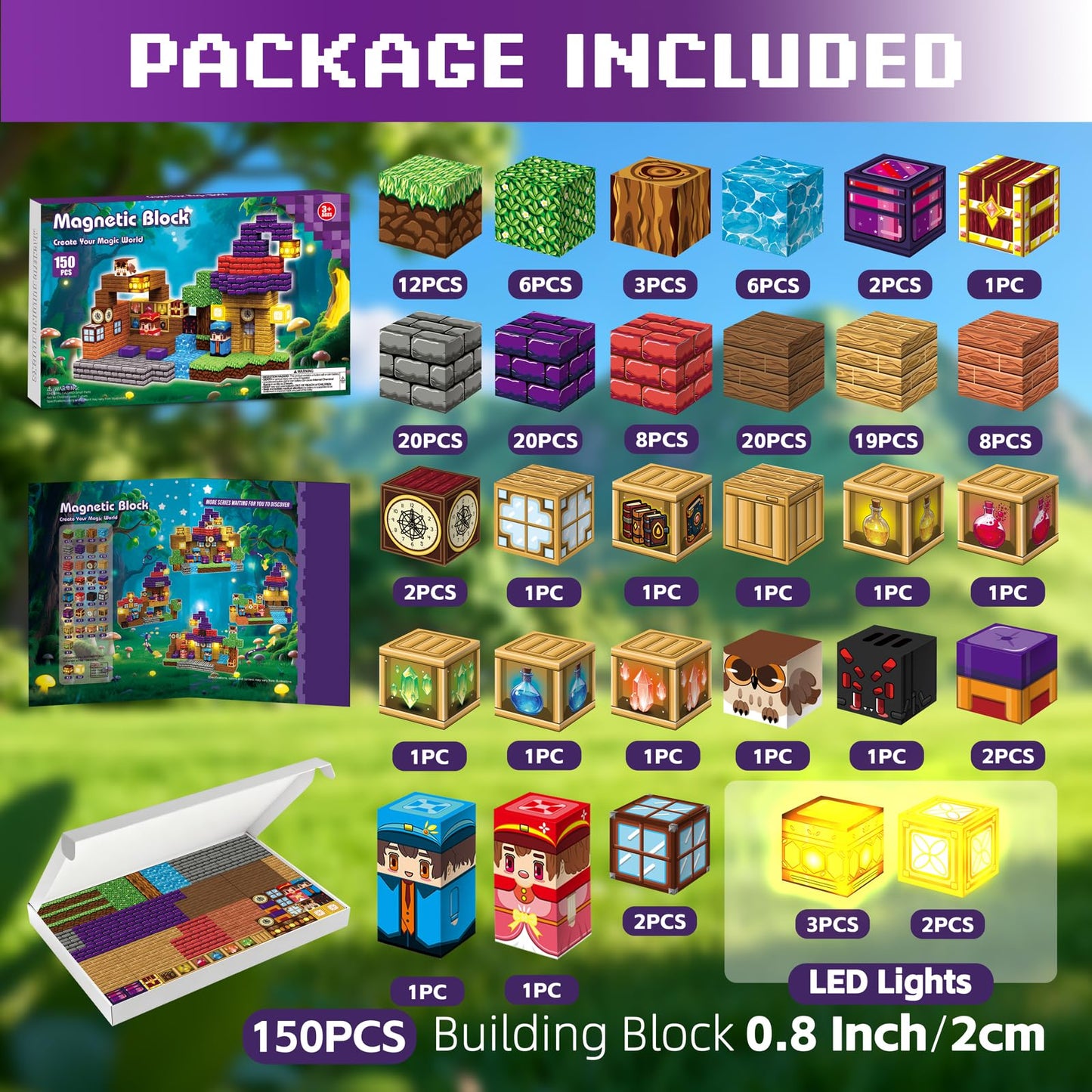 Kryzomat 150PCS Magnetic Blocks with Light-Up Cubes – STEM Building Toy for Kids 3-12