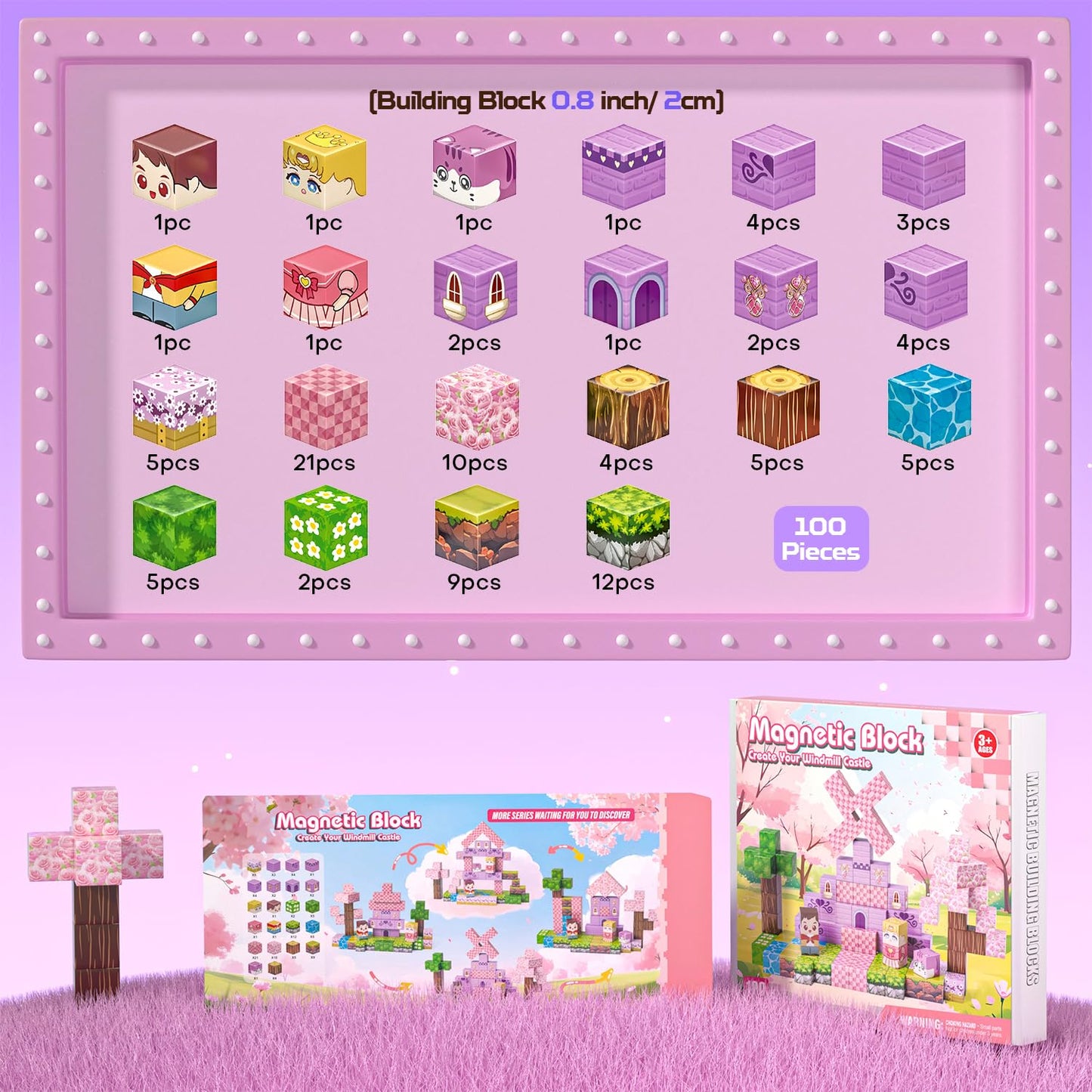 Kryzomat 100PCS Magnetic Blocks — Castle Set for Kids 3-8 | Pink Princess