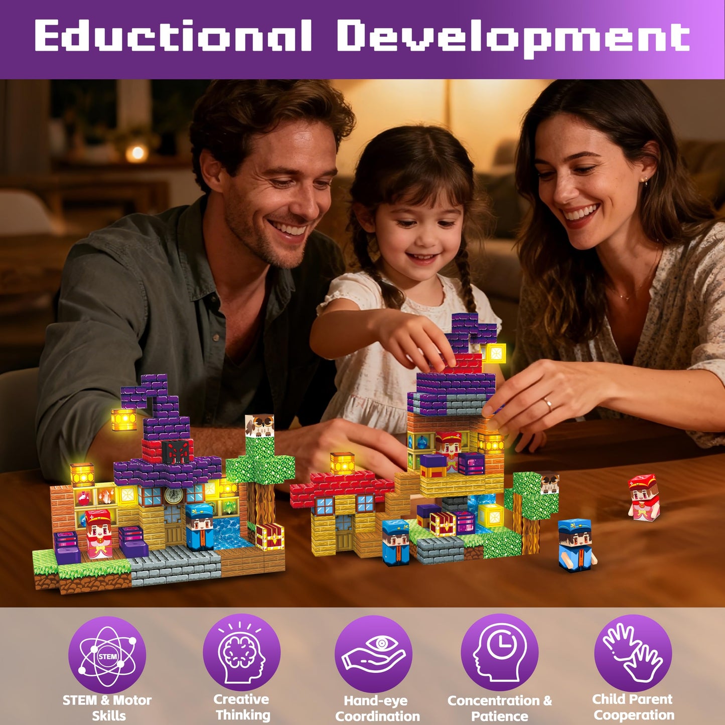 Kryzomat 150PCS Magnetic Blocks with Light-Up Cubes – STEM Building Toy for Kids 3-12