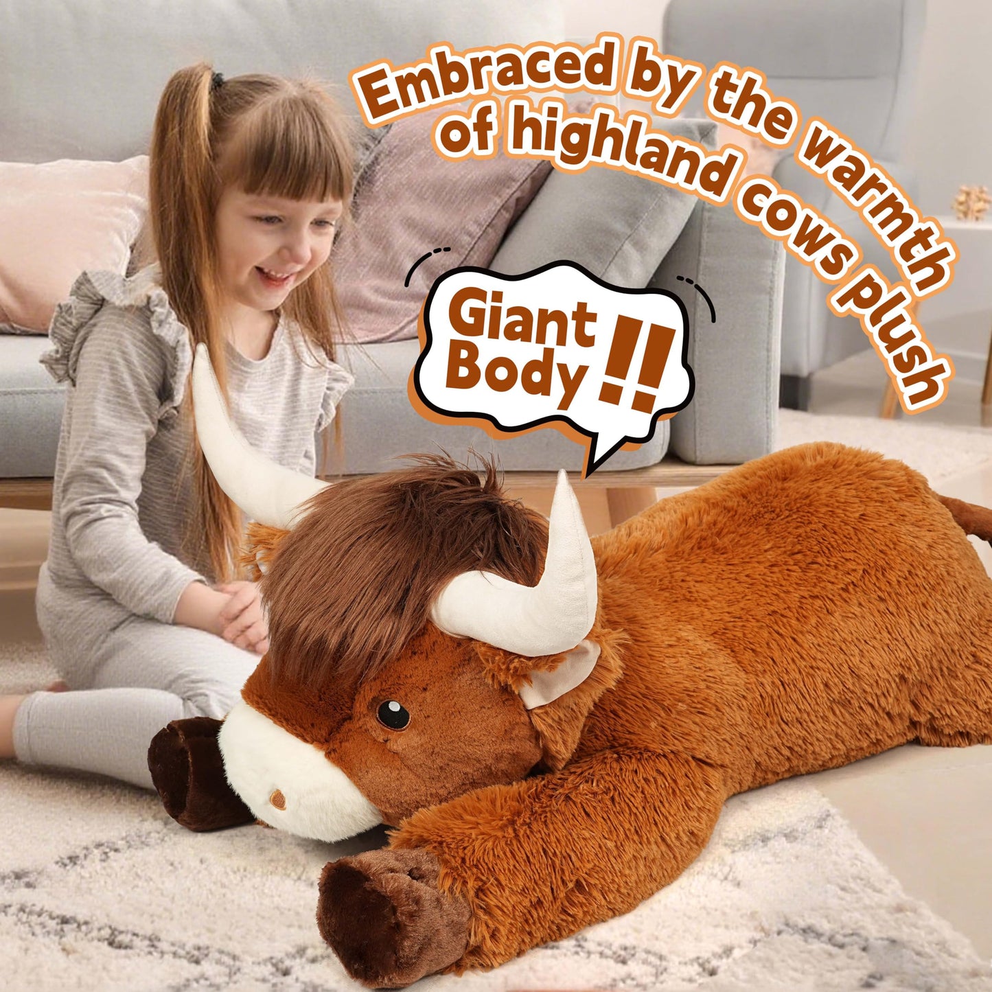 Ksidzas 39-Inch Giant Highland Cow Plush – Oversized Cuddly Stuffed Animal for Kids and Adults