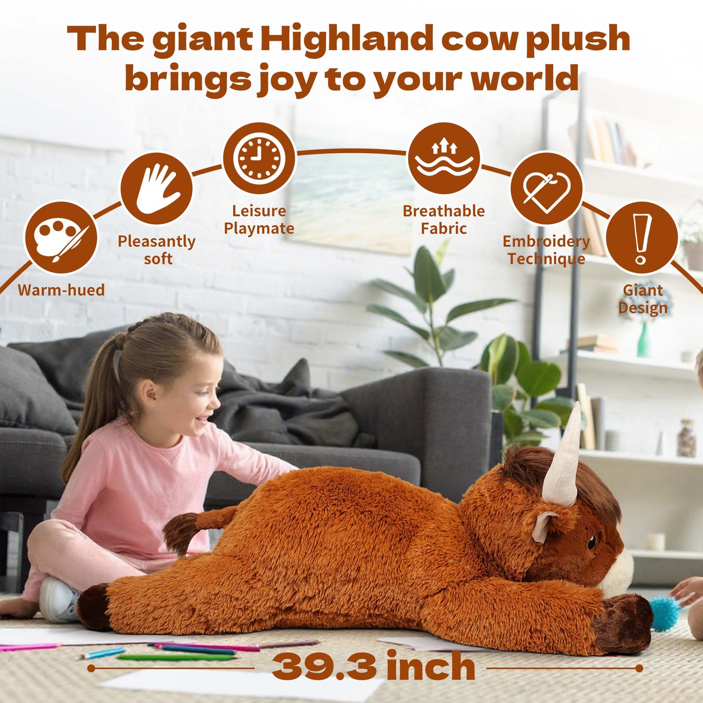 Ksidzas 39-Inch Giant Highland Cow Plush – Oversized Cuddly Stuffed Animal for Kids and Adults
