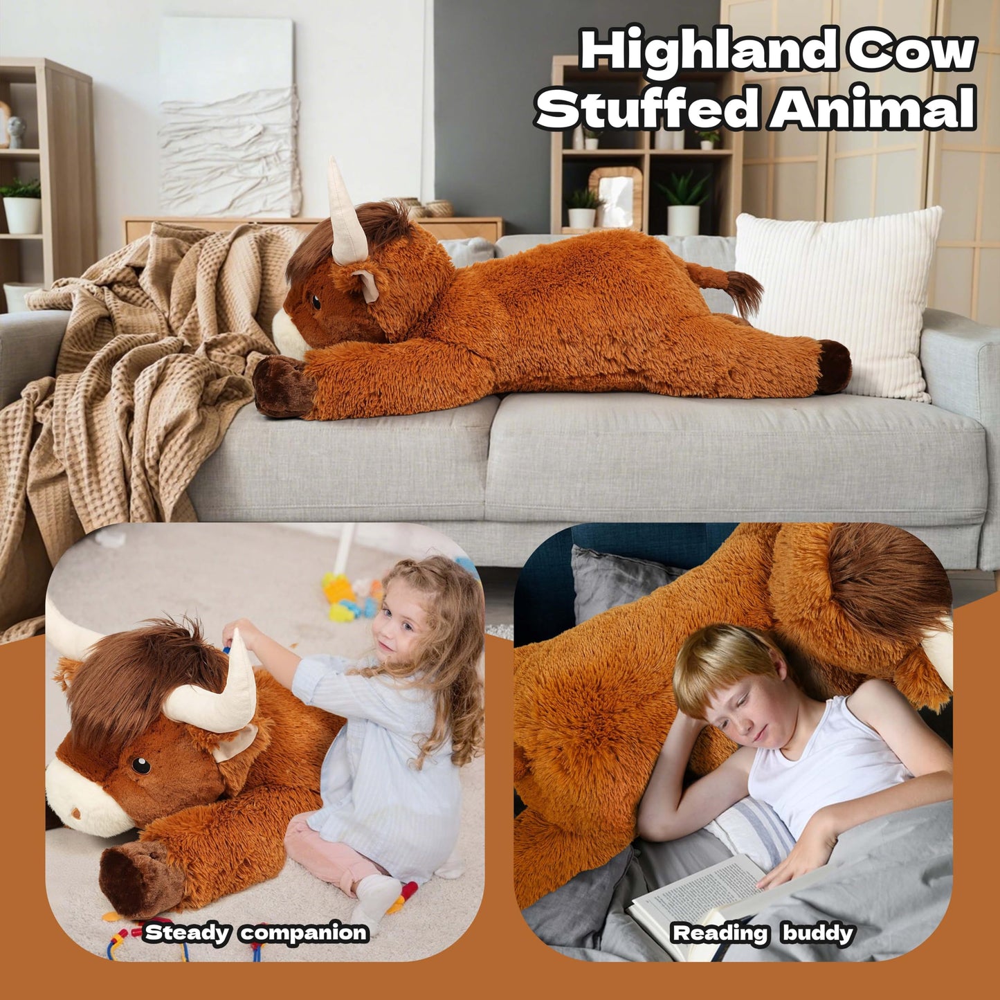 Ksidzas 39-Inch Giant Highland Cow Plush – Oversized Cuddly Stuffed Animal for Kids and Adults