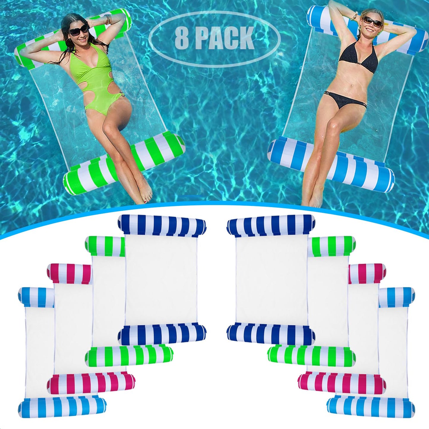 KSLLHHSA 8-Pack Pool Floats - 4-in-1 Inflatable Hammock, Saddle, Lounge Chair, Drifter