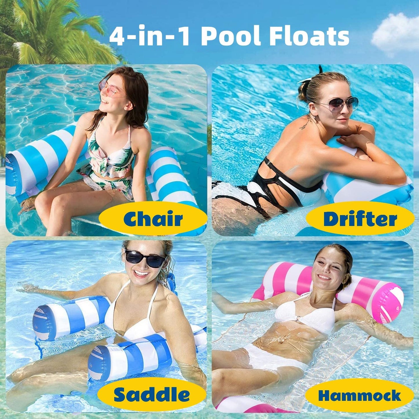 KSLLHHSA 8-Pack Pool Floats - 4-in-1 Inflatable Hammock, Saddle, Lounge Chair, Drifter