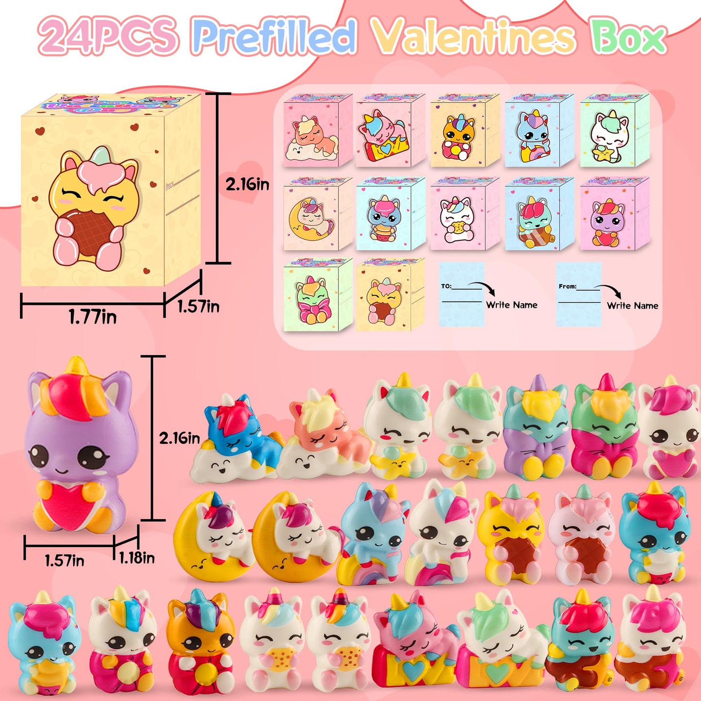 Ksmky Valentines Gifts for Kids Classroom – 24-Pack Pre-Packed Valentines Boxes with Cute Squishy Toys