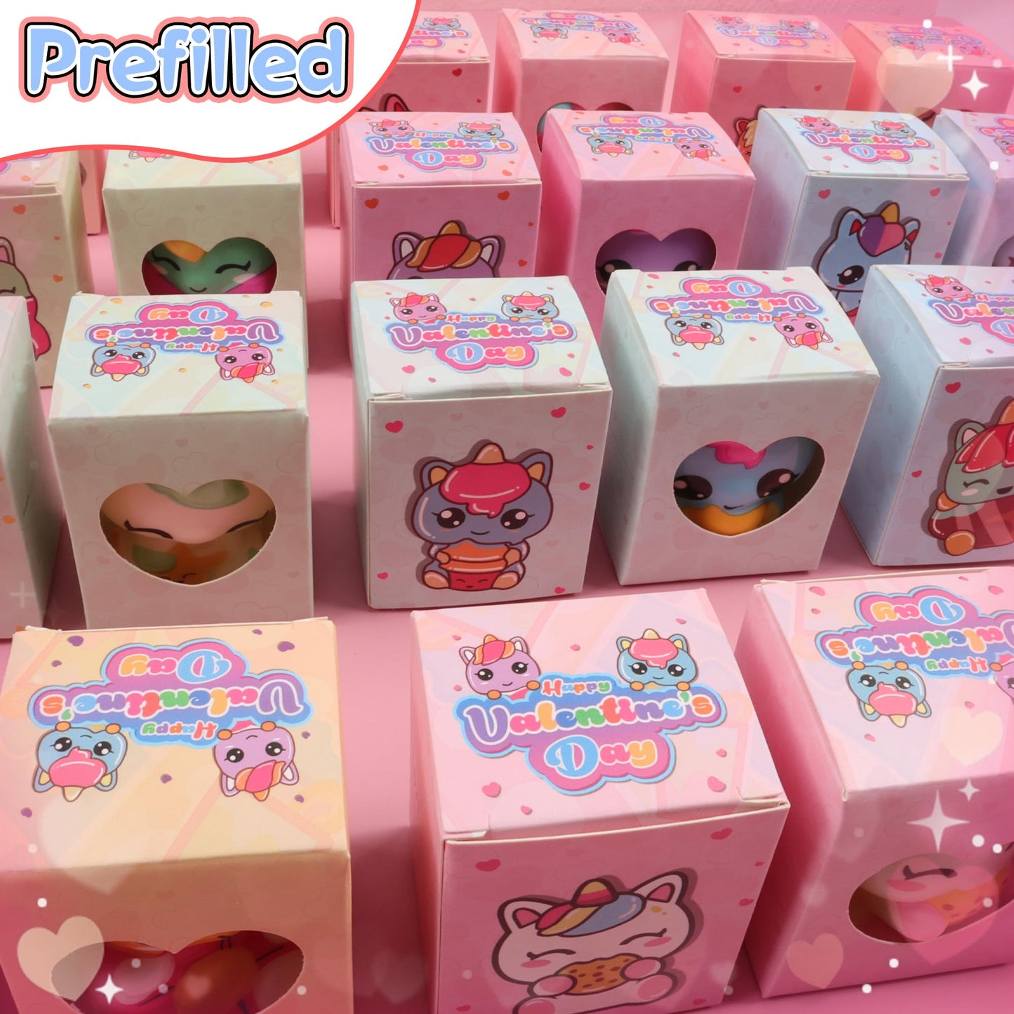 Ksmky Valentines Gifts for Kids Classroom – 24-Pack Pre-Packed Valentines Boxes with Cute Squishy Toys