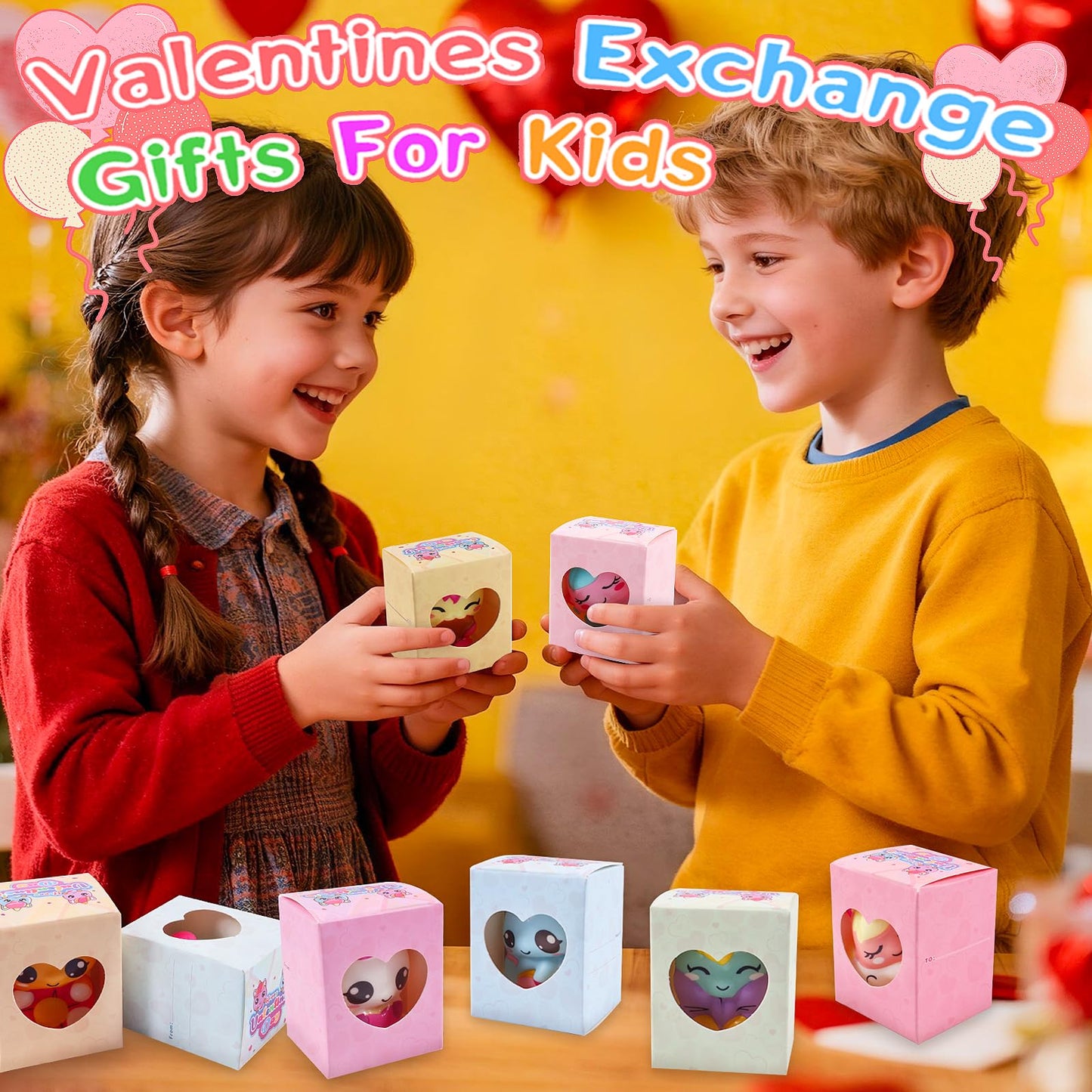 Ksmky Valentines Gifts for Kids Classroom – 24-Pack Pre-Packed Valentines Boxes with Cute Squishy Toys