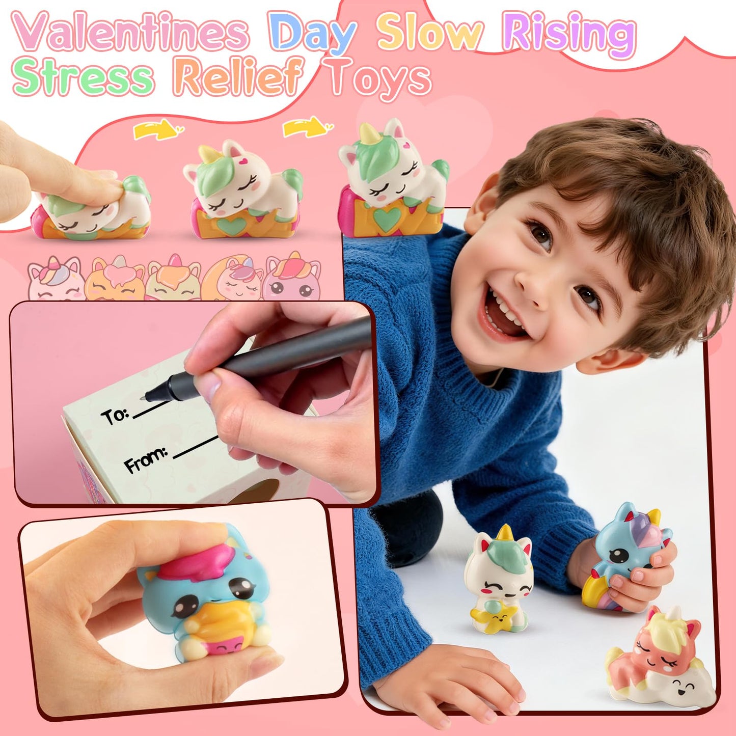 Ksmky Valentines Gifts for Kids Classroom – 24-Pack Pre-Packed Valentines Boxes with Cute Squishy Toys