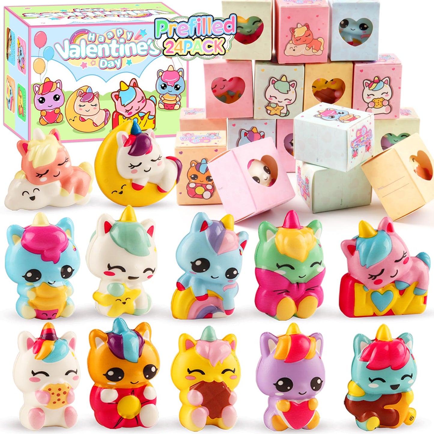 Ksmky Valentines Gifts for Kids Classroom – 24-Pack Pre-Packed Valentines Boxes with Cute Squishy Toys